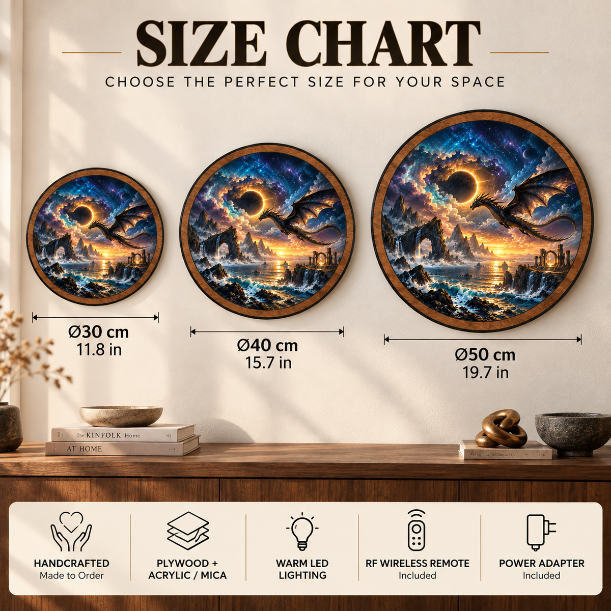 Celestial Dragon Eclipse Ocean Circular LED Wall Art