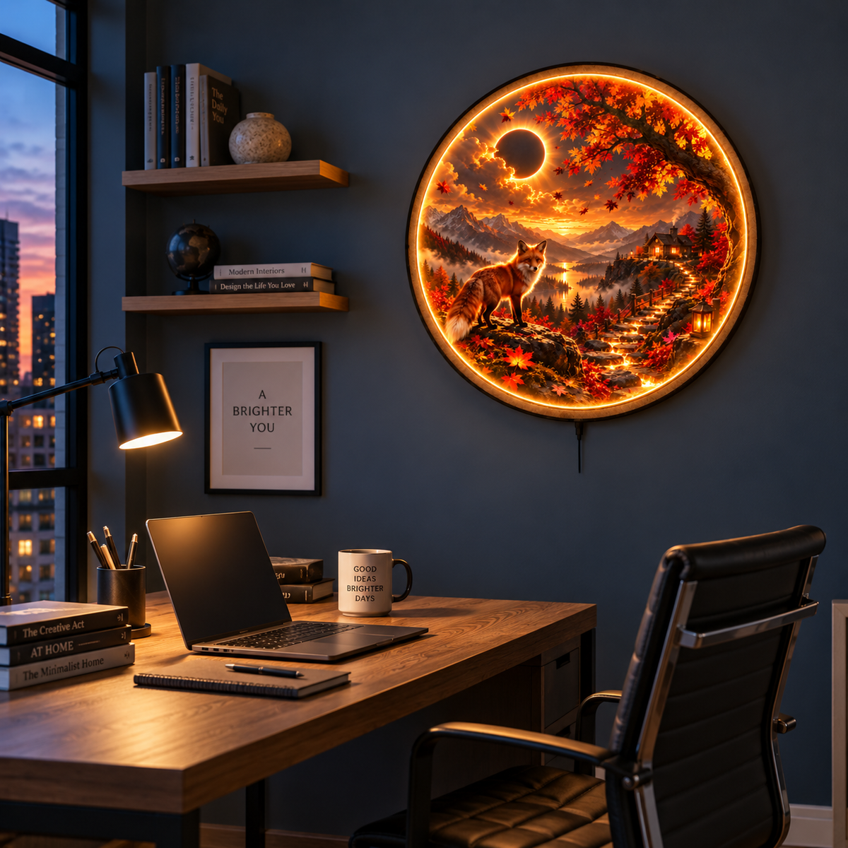 Autumn Eclipse Fox LED Wall Art – Mountain Fall Landscape