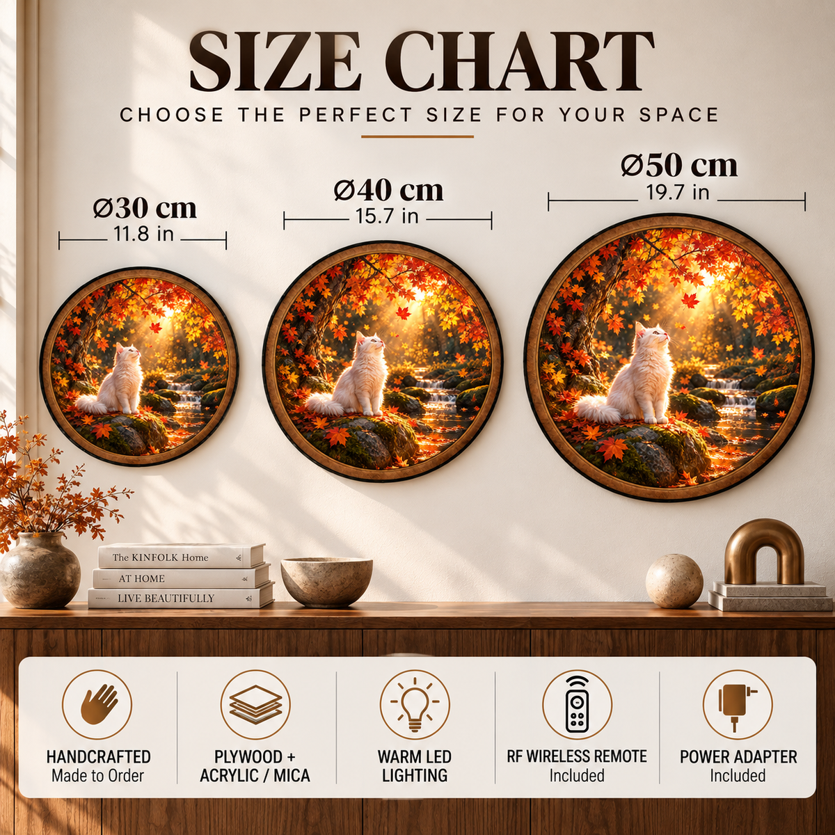 White Cat Autumn Forest Circular LED Wall Art