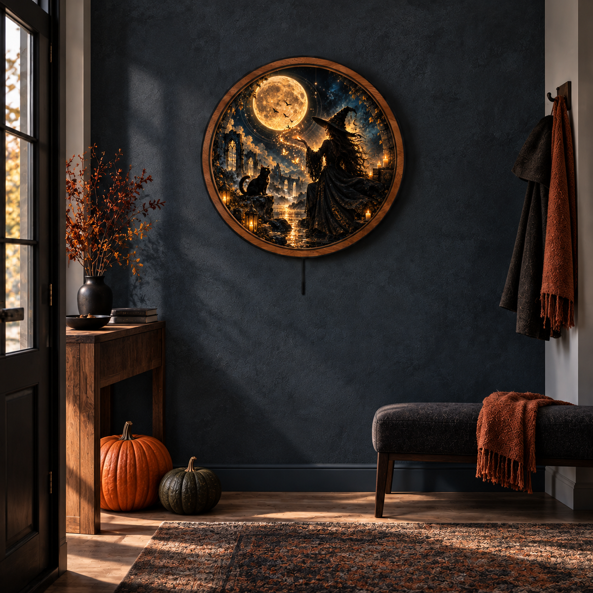 Moonveil Witch – Golden Familiar LED Wall Art