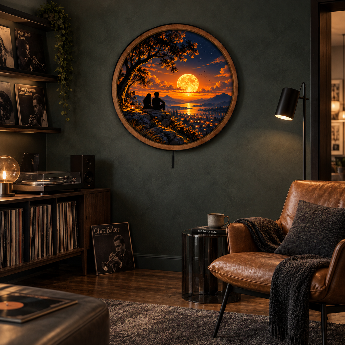 Golden Moon Lovers LED Wall Art – Romantic Sunset Landscape Decor