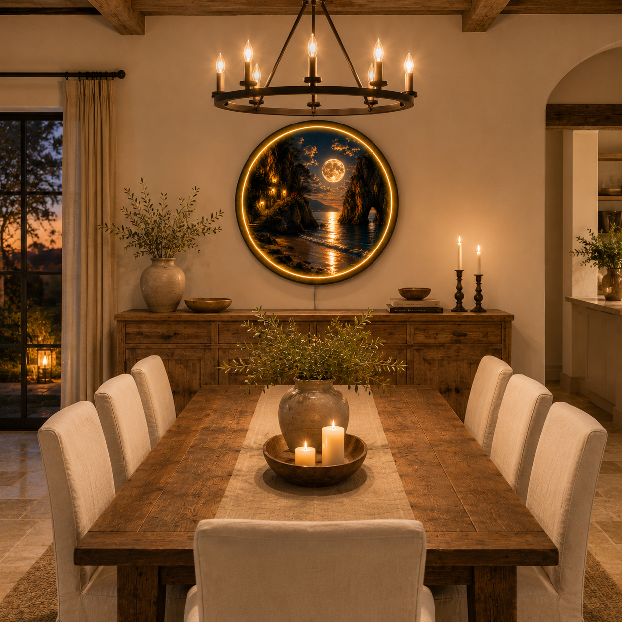 Moonlit Coastal Cliffs LED Wall Art – Round Illuminated Acrylic Landscape