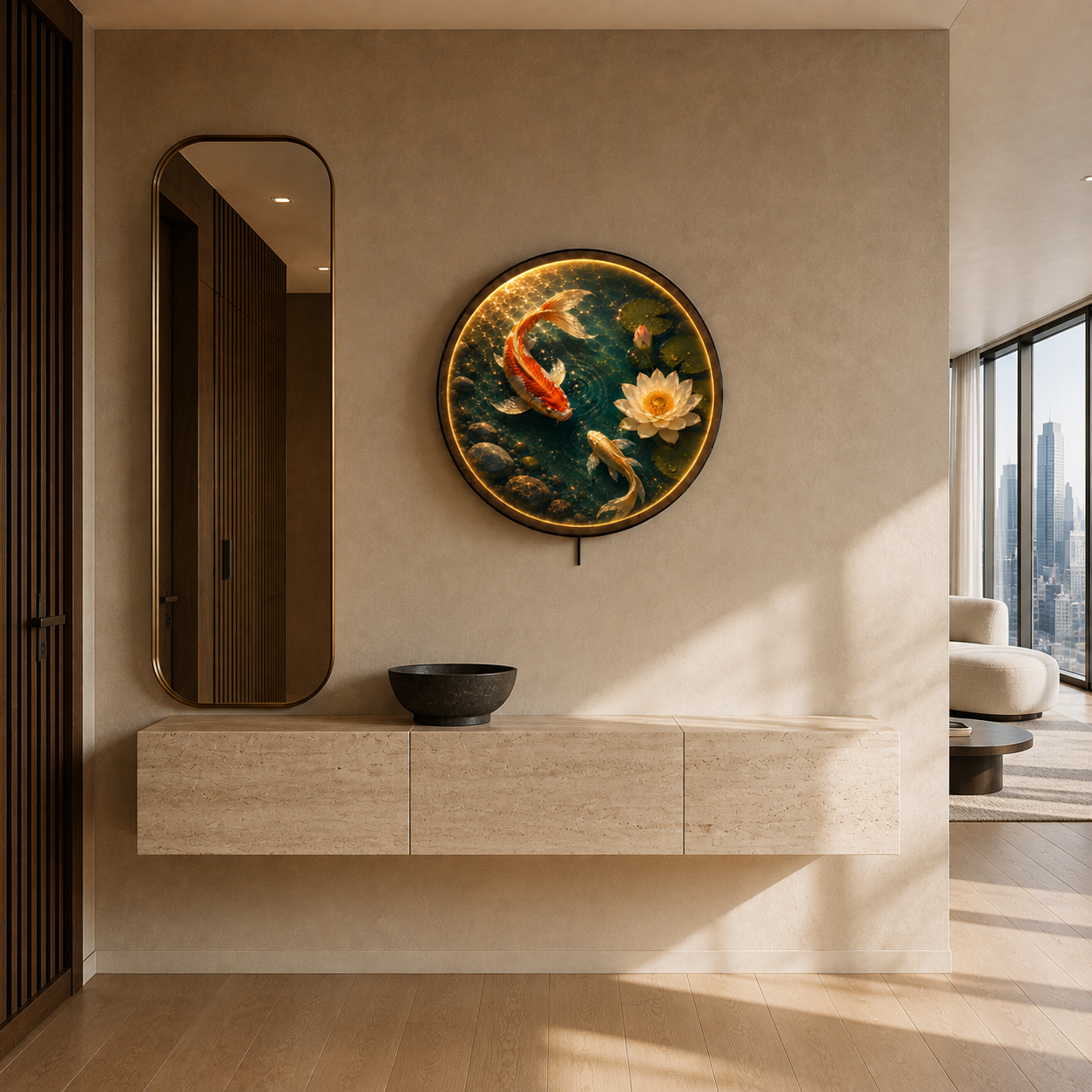 Golden Koi & Lotus LED Wall Art – Illuminated Zen Pond Decor