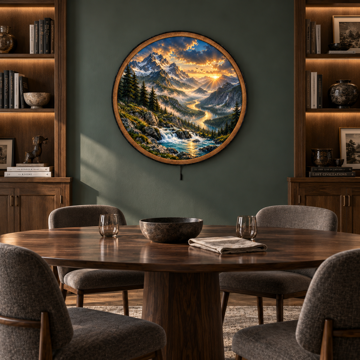 Golden Alpine River LED Wall Art – Mountain Sunrise Landscape Decor