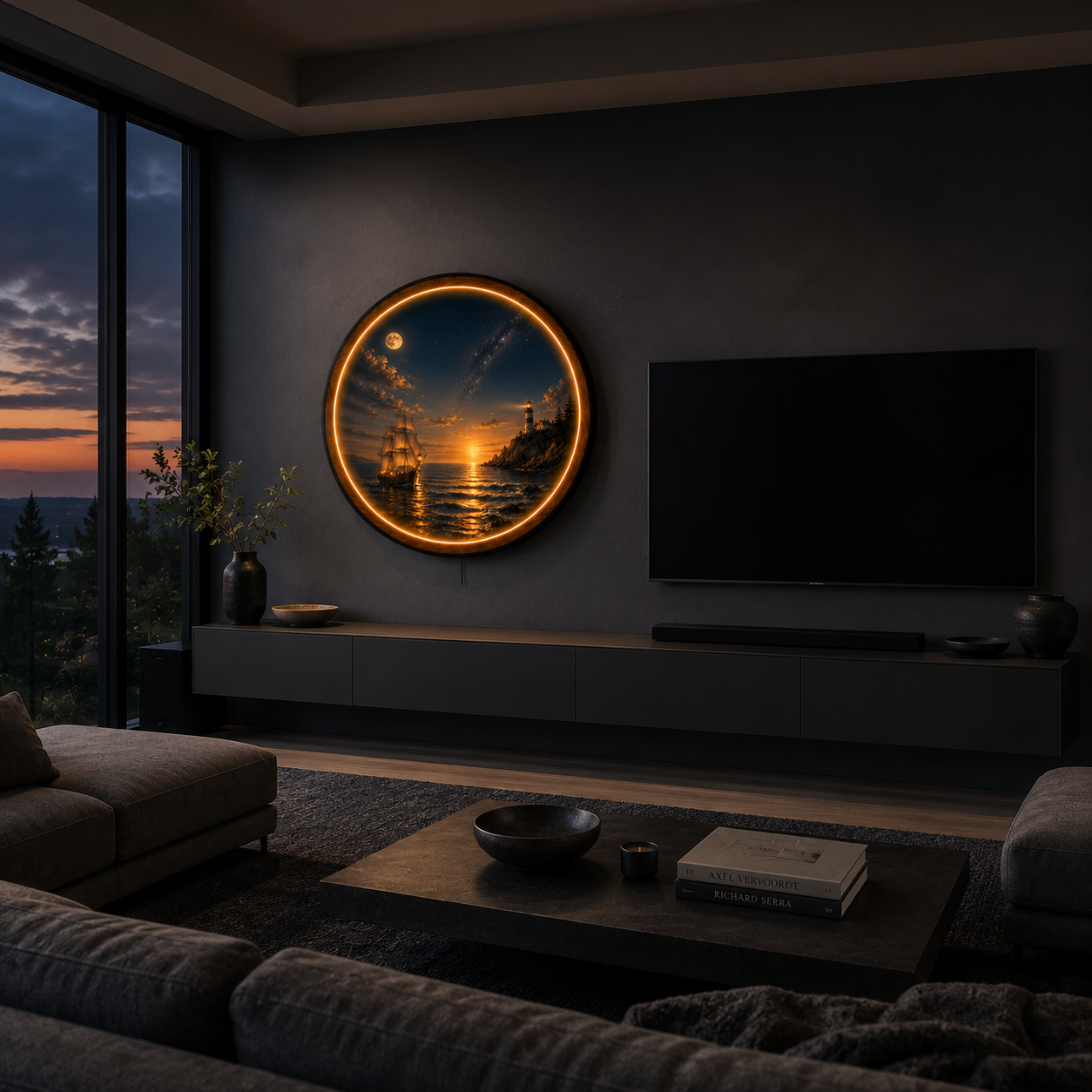 Celestial Lighthouse Voyage LED Wall Art – Nautical Wooden Light Decor