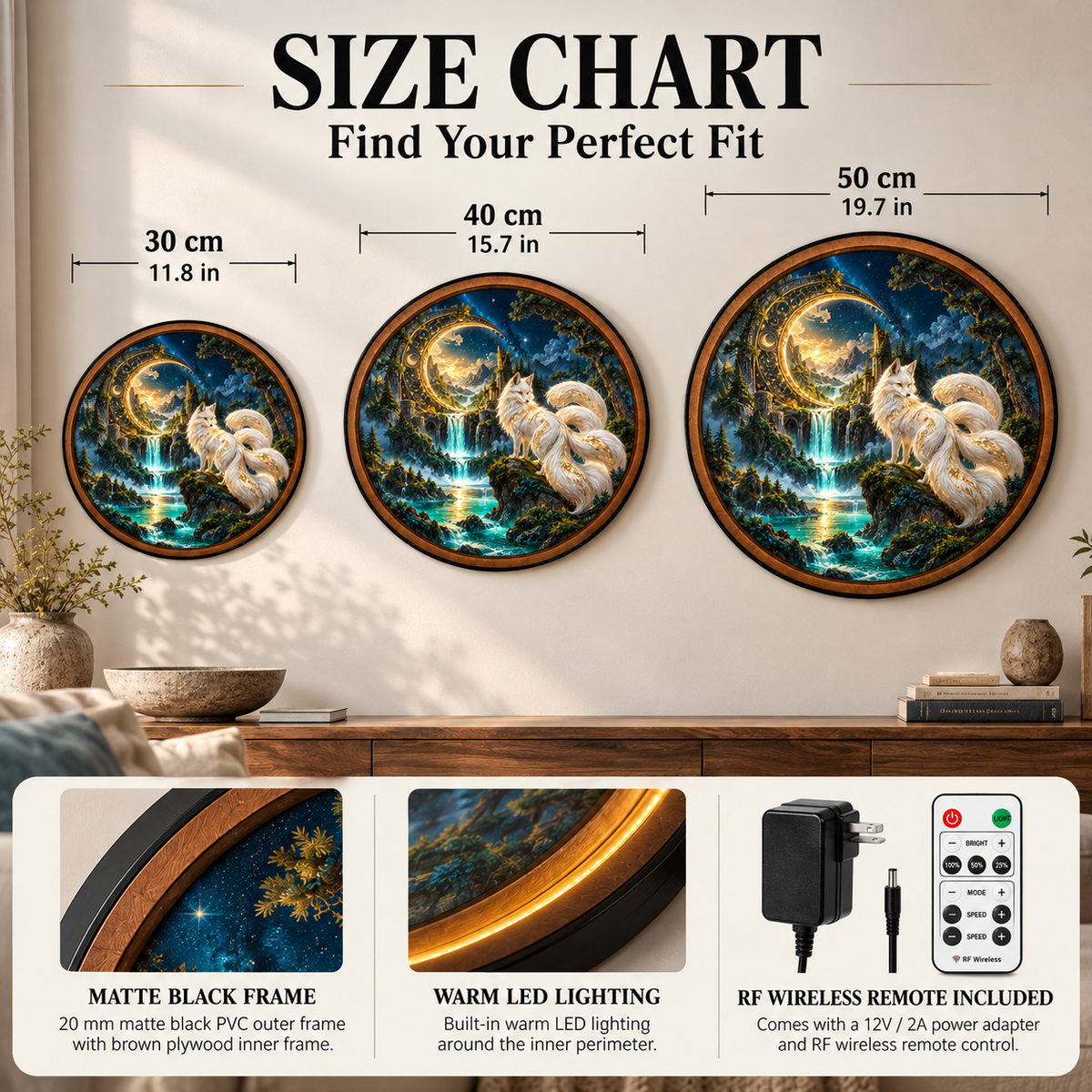 Celestial Fox LED Wall Art – Golden Moon Fantasy Decor