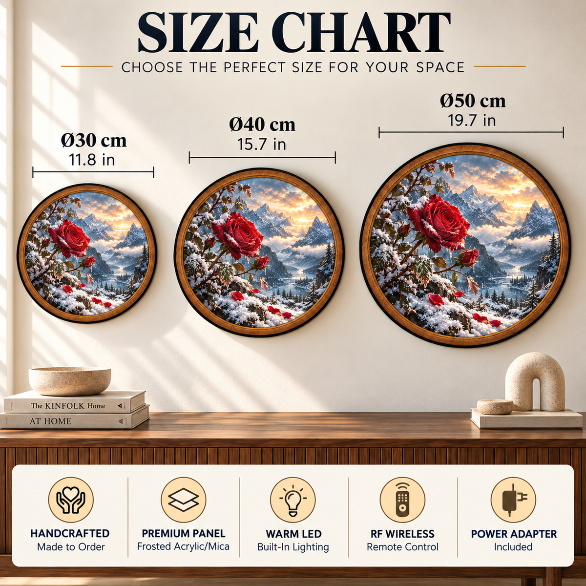 Crimson Rose Winter Mountain Circular LED Wall Art