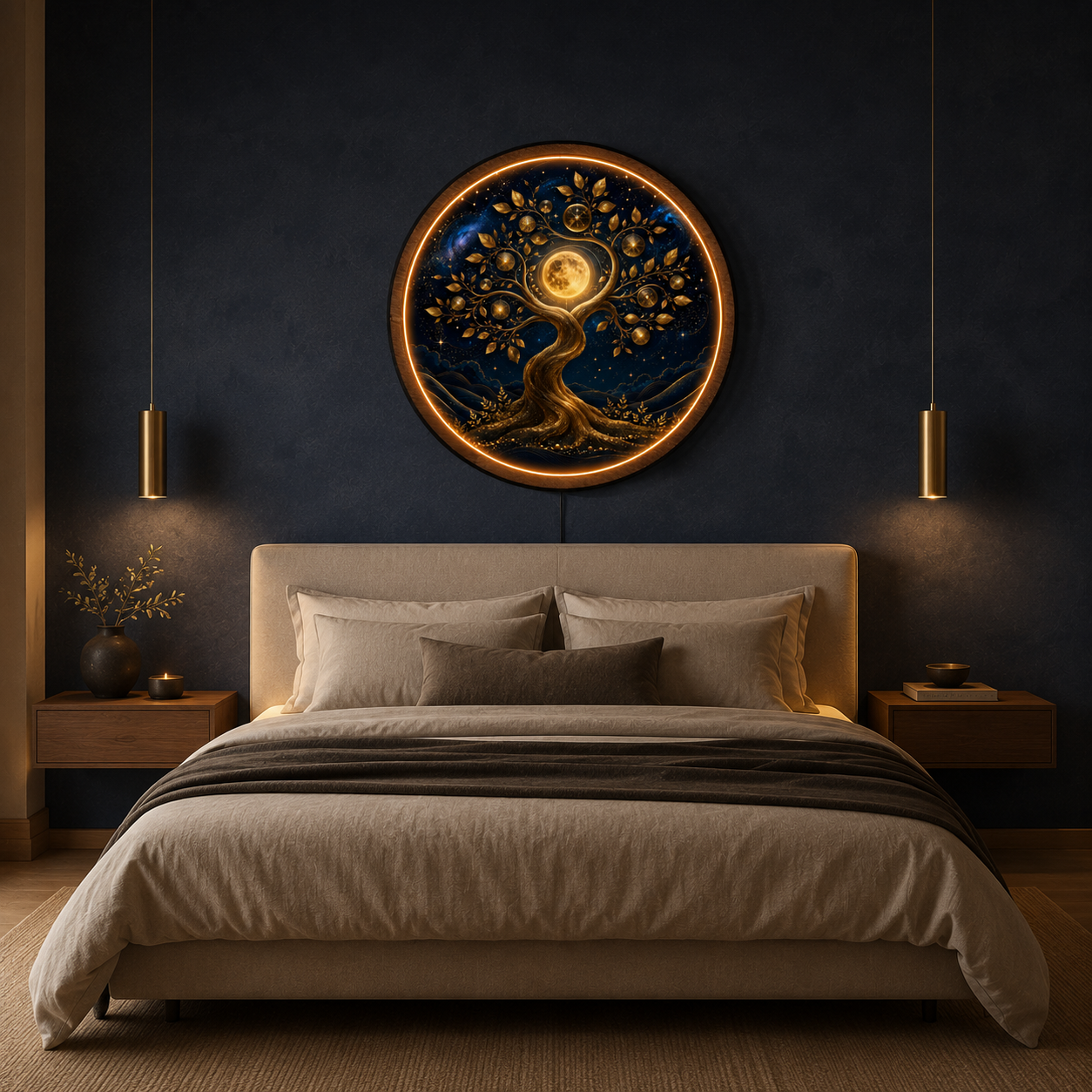 Tree of Life Moon Round LED Wall Art | Illuminated Acrylic Wall Decor with Wooden Frame