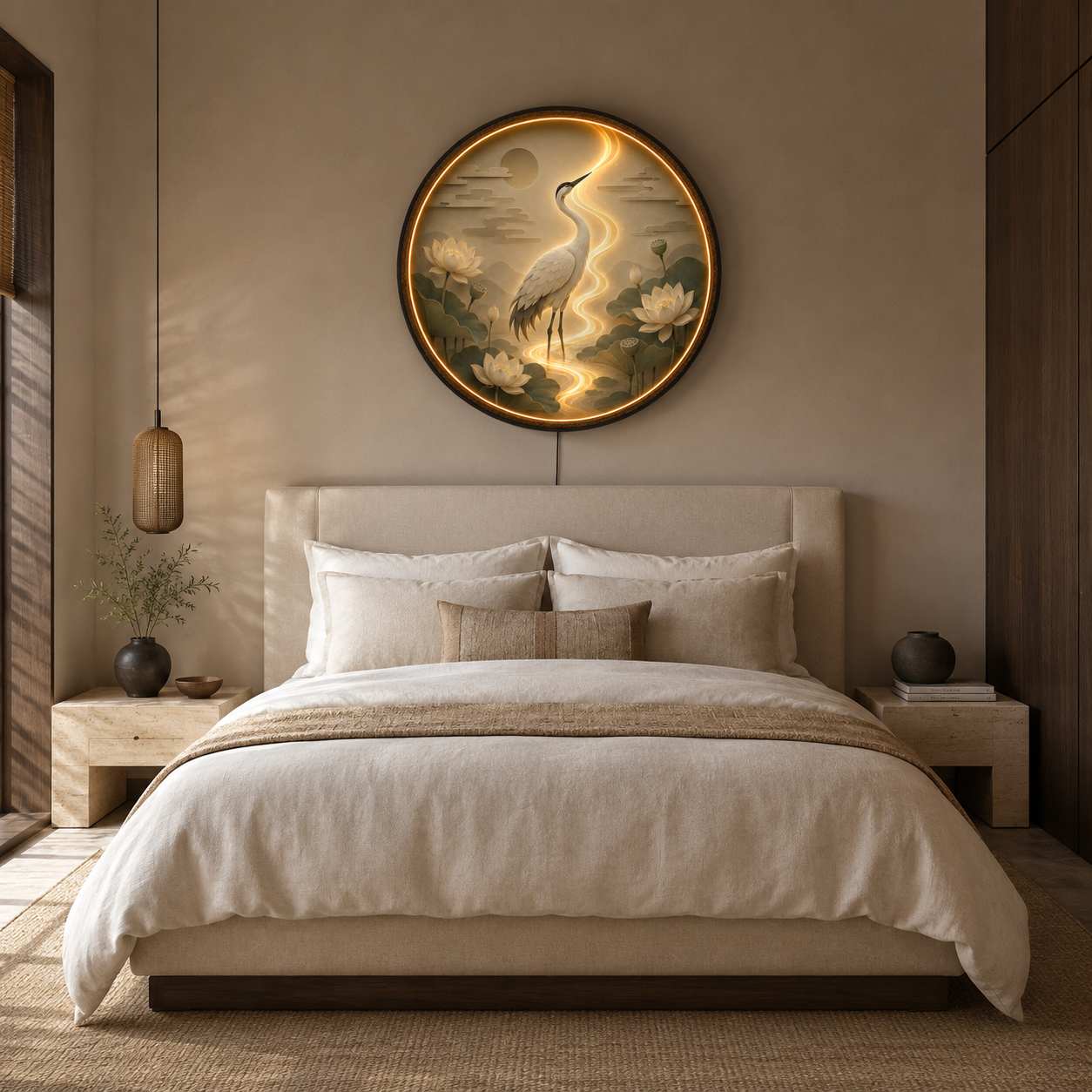 Lotus Serenity Crane LED Wall Art – Round Zen Wooden Light Decor