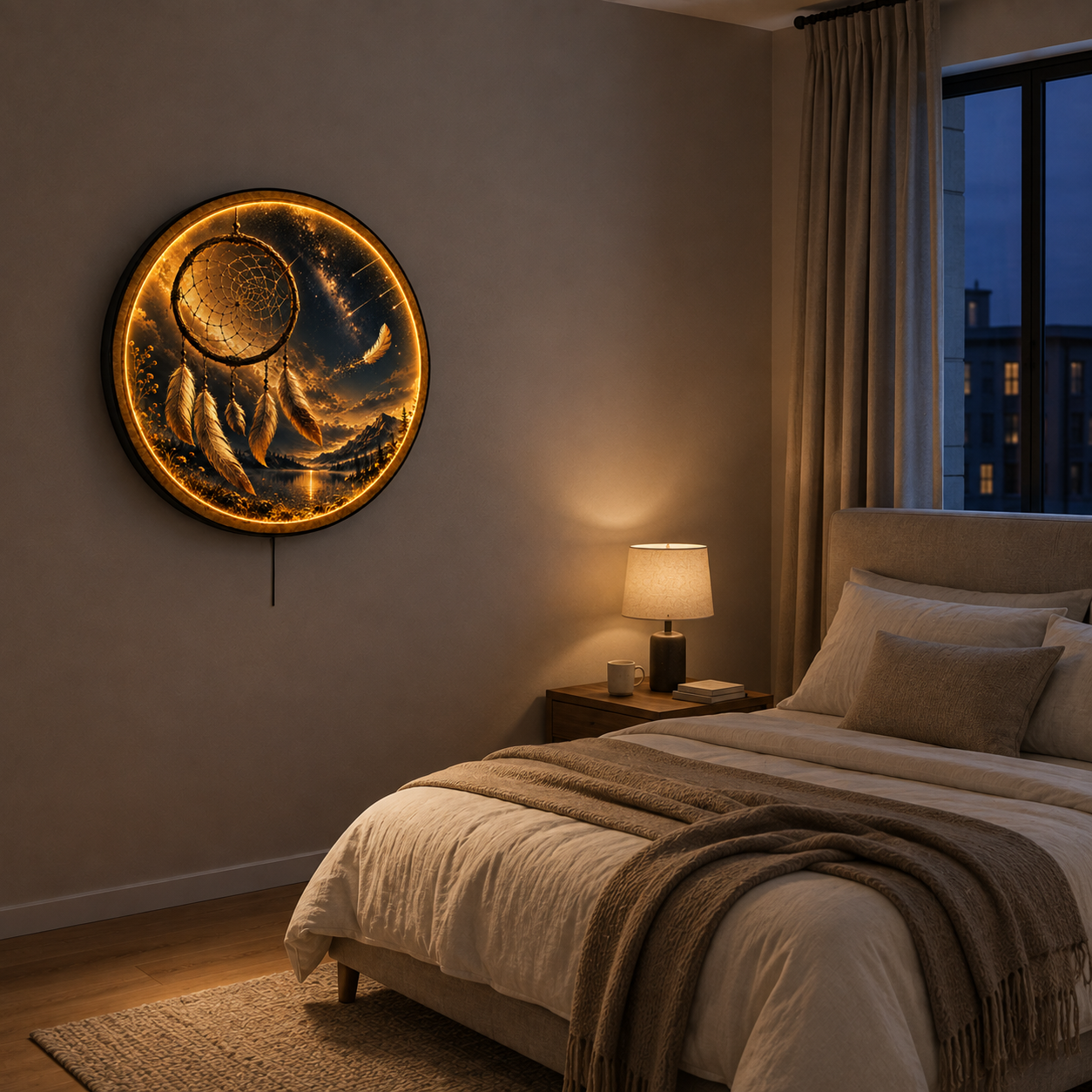 Golden Dreamcatcher LED Wall Art – Celestial Moon & Feather Decor
