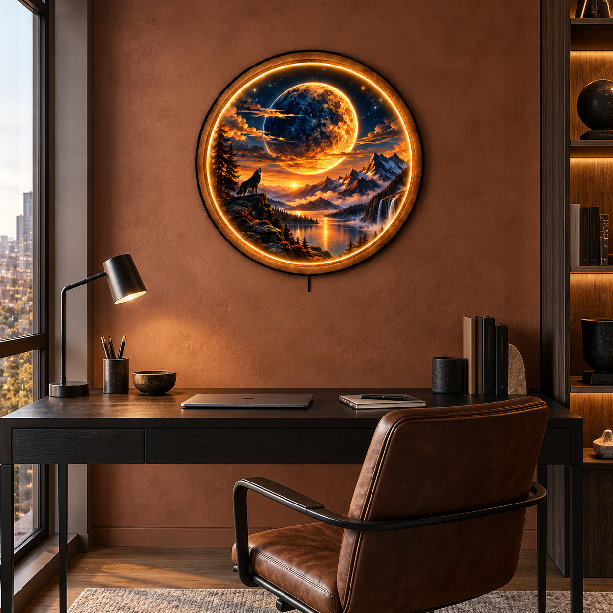 Lunar Wolf LED Wall Art – Moonlit Mountain Wilderness Decor