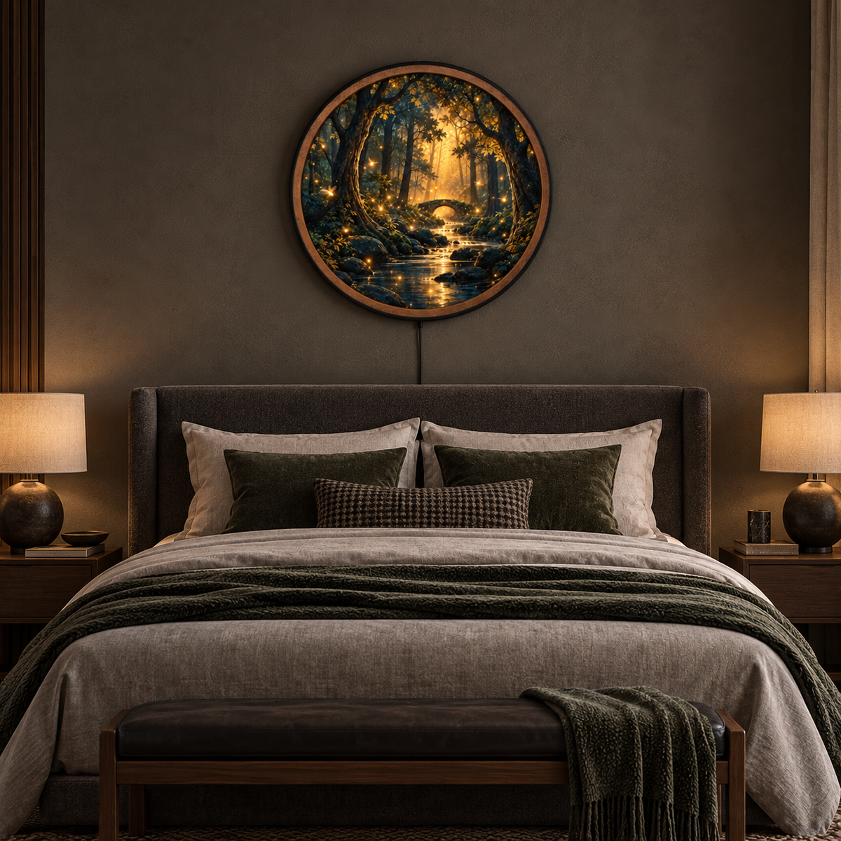 Enchanted Golden Forest LED Wall Art – Glowing Woodland Stream Decor