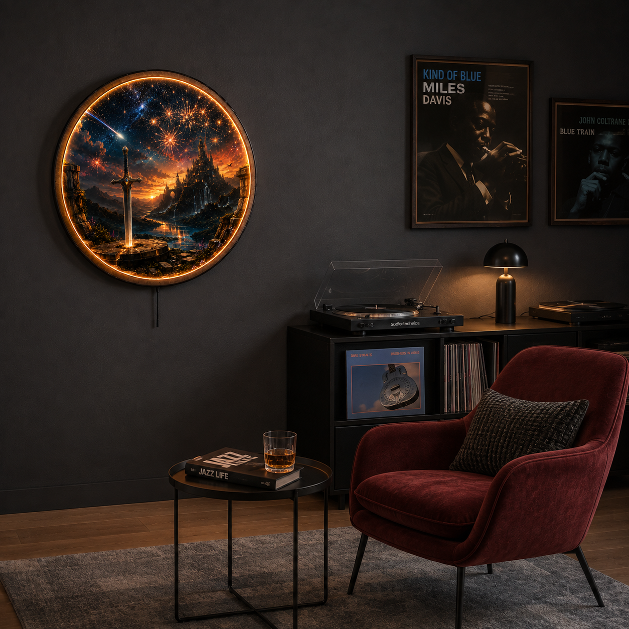 Starlit Oathblade LED Wall Art – Fantasy Castle & Sword Decor
