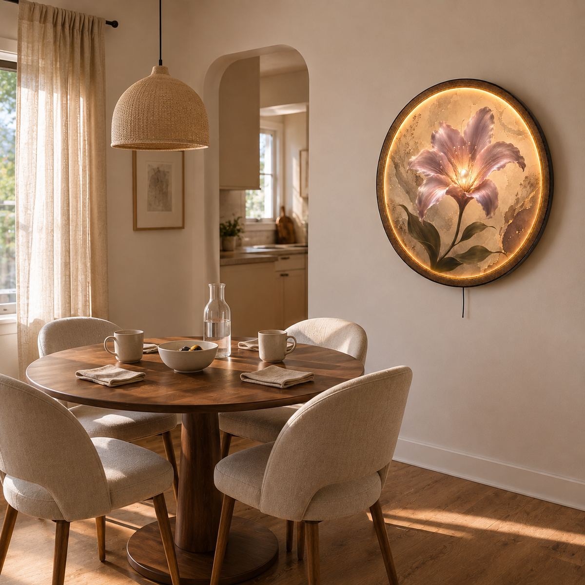 Pearl Bloom LED Wall Art – Blush Floral Round Wall Decor