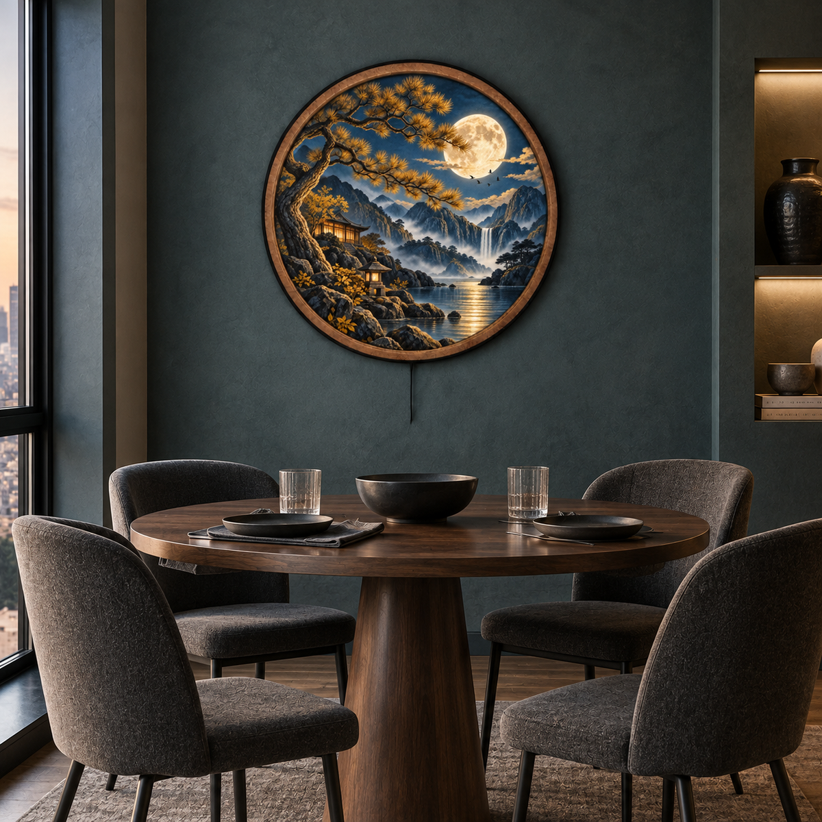 Golden Pine Sanctuary LED Wall Art – Moonlit Mountain Landscape