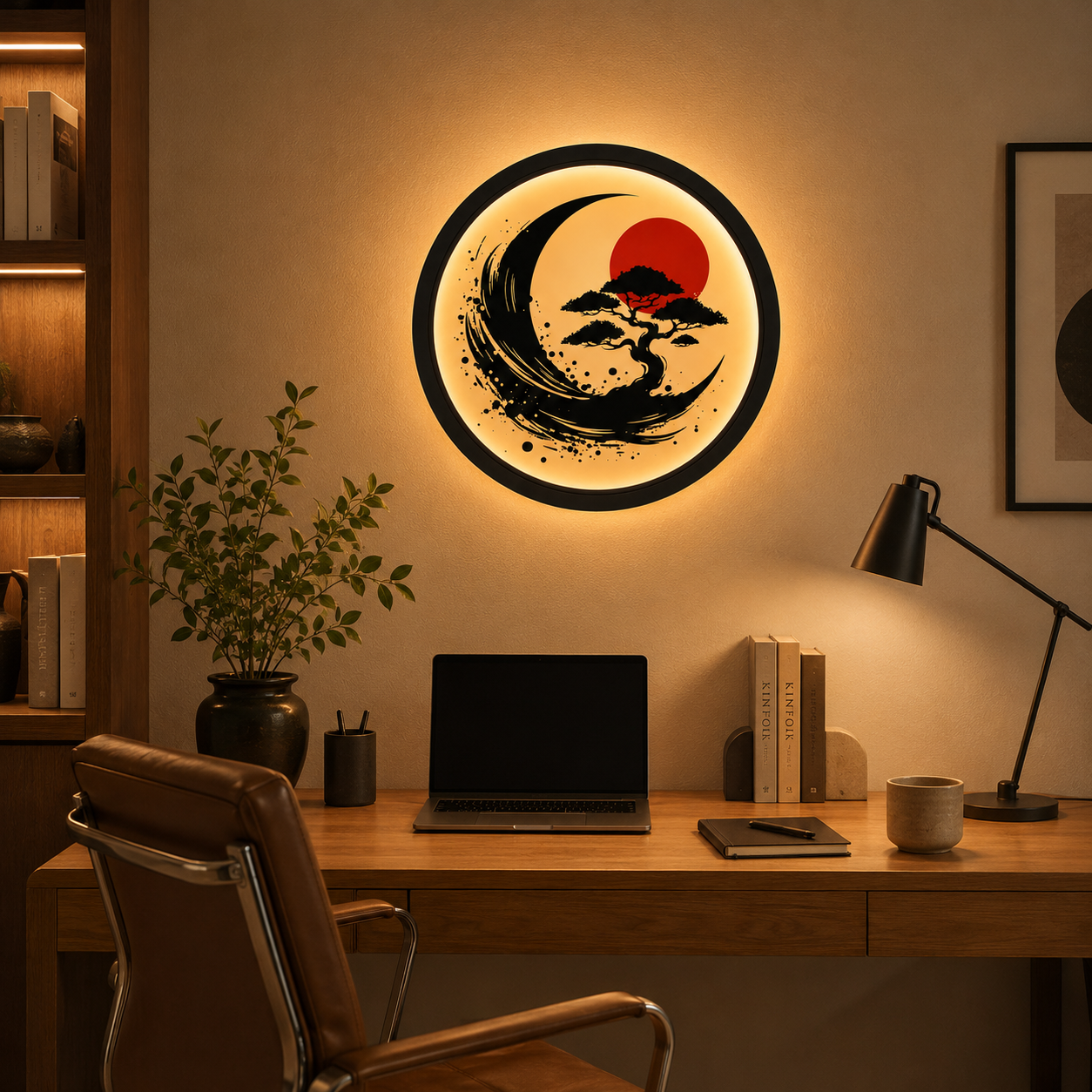 Wood Carved Japanese Bonsai Moon LED Wall Lamp | Zen Sumi-e Style Night Light
