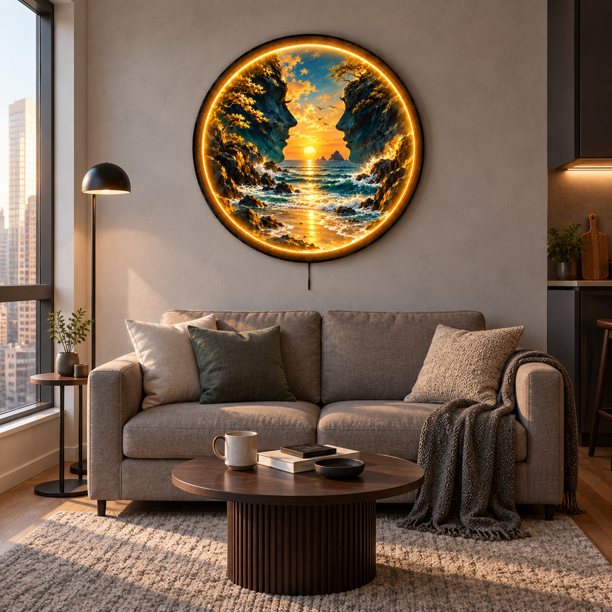 Between Two Worlds LED Wall Art – Golden Ocean Sunset Decor