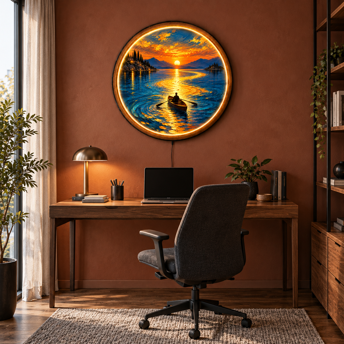 Golden Voyage LED Wall Art – Sunset Lake Lighted Decor