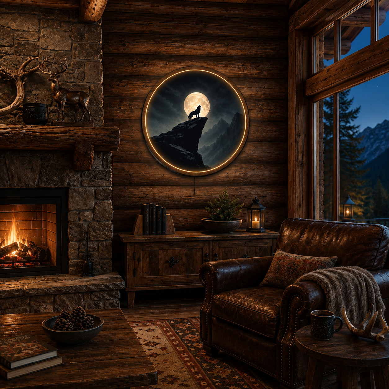 Howling Wolf LED Wall Light – Mountain Moon Wall Art