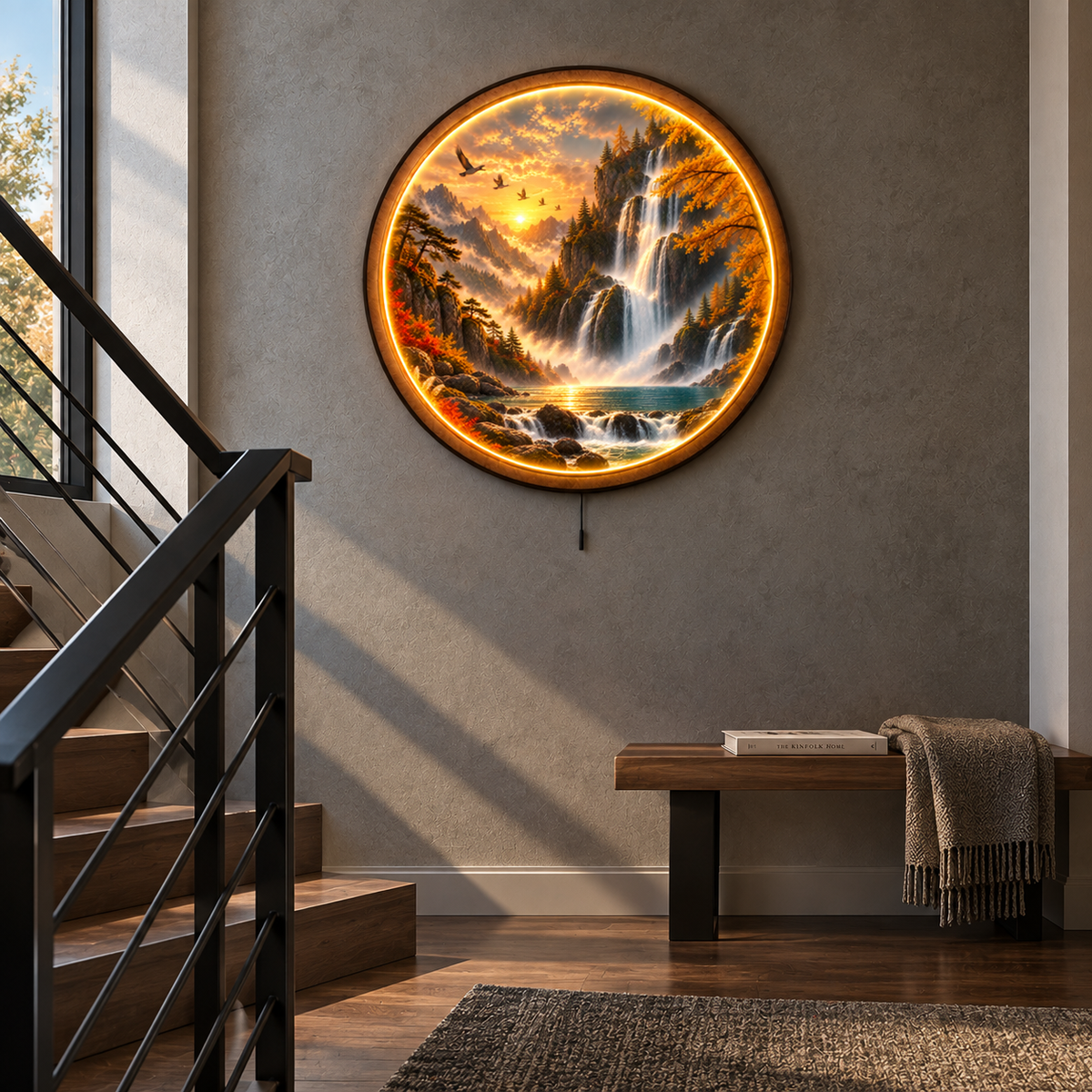 Golden Cascade Valley LED Wall Art – Mountain Waterfall Decor