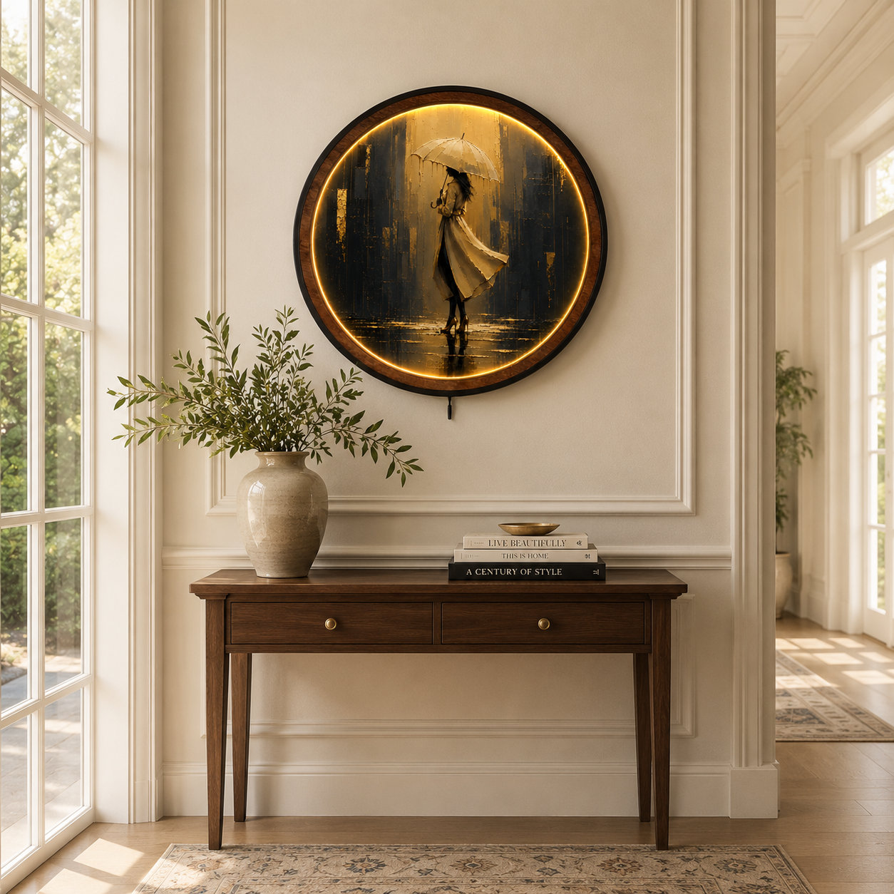 Golden Rain Elegance LED Wall Art | Round Illuminated Woman with Umbrella Wall Decor | Warm Ambient Light