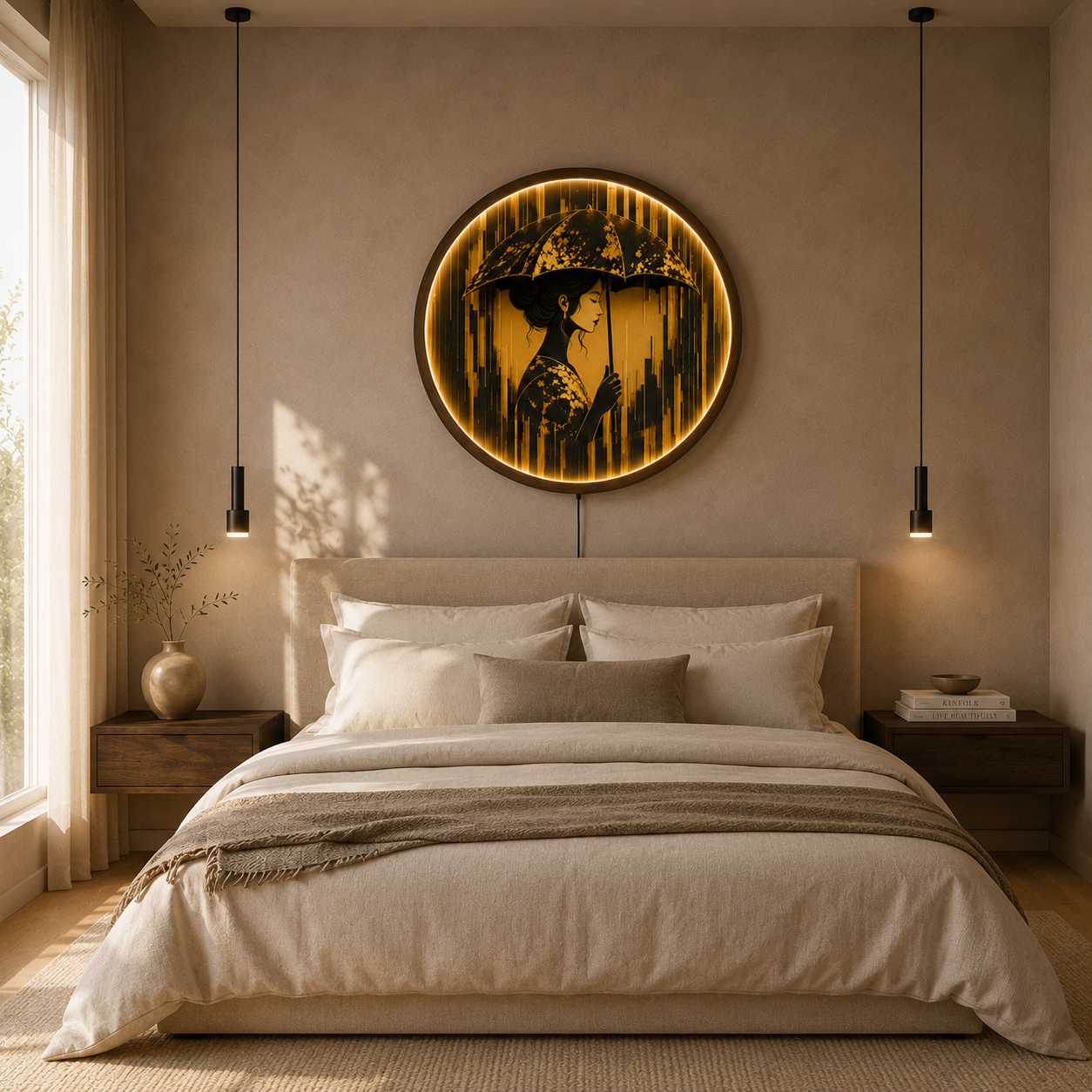 Golden Serenity LED Wall Art | Elegant Woman Under Umbrella Round Lighted Wall Decor | Warm LED Ambient Light