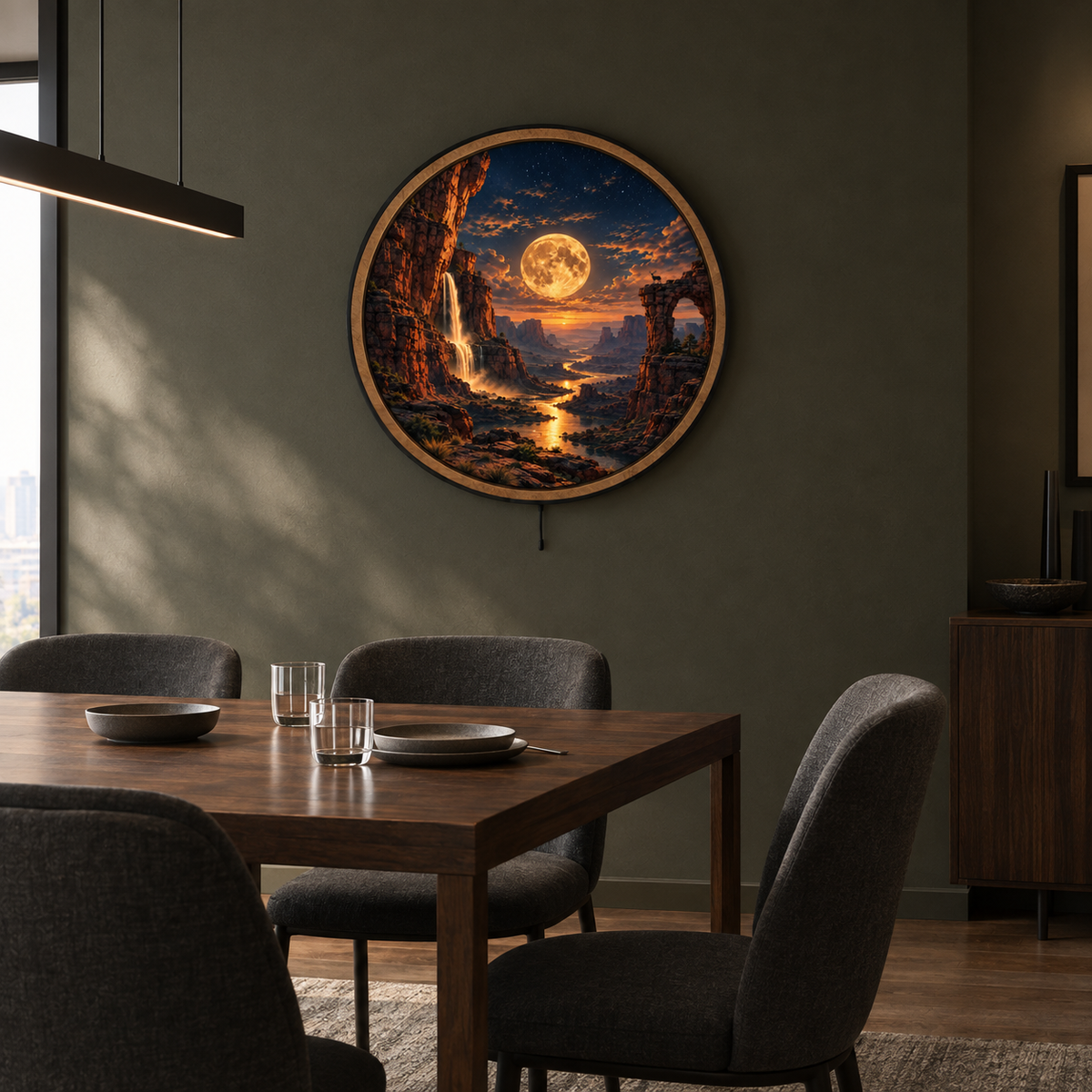Golden Moon Canyon LED Wall Art – Waterfall & Desert Landscape