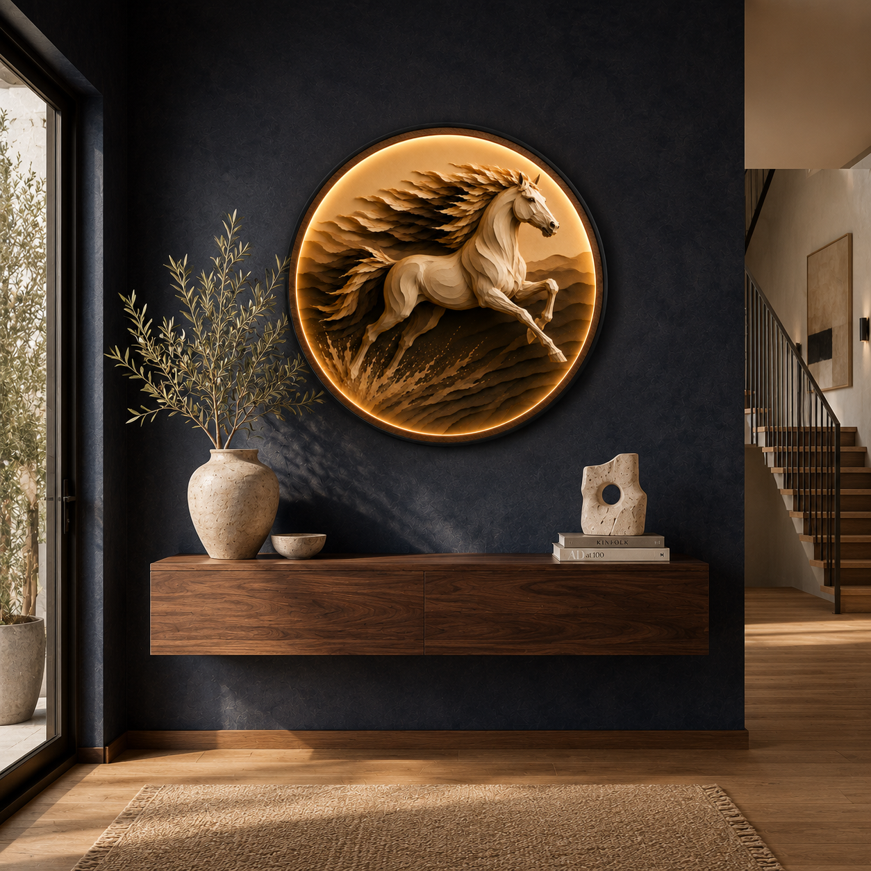 Majestic Running Horse LED Wall Art – Round Illuminated Wall Decor