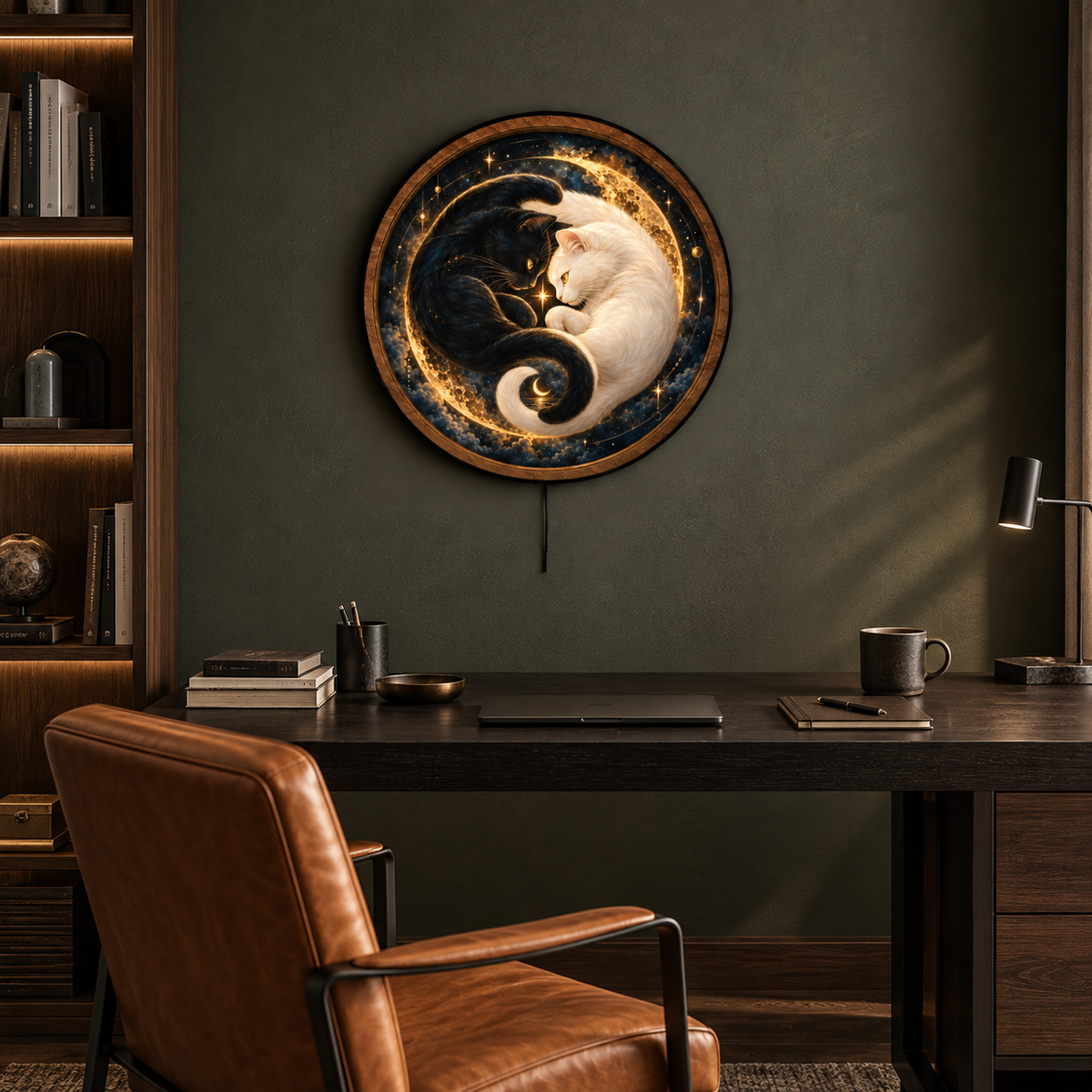 Celestial Cats Golden Eclipse LED Wall Art – Black & White Cat Decor