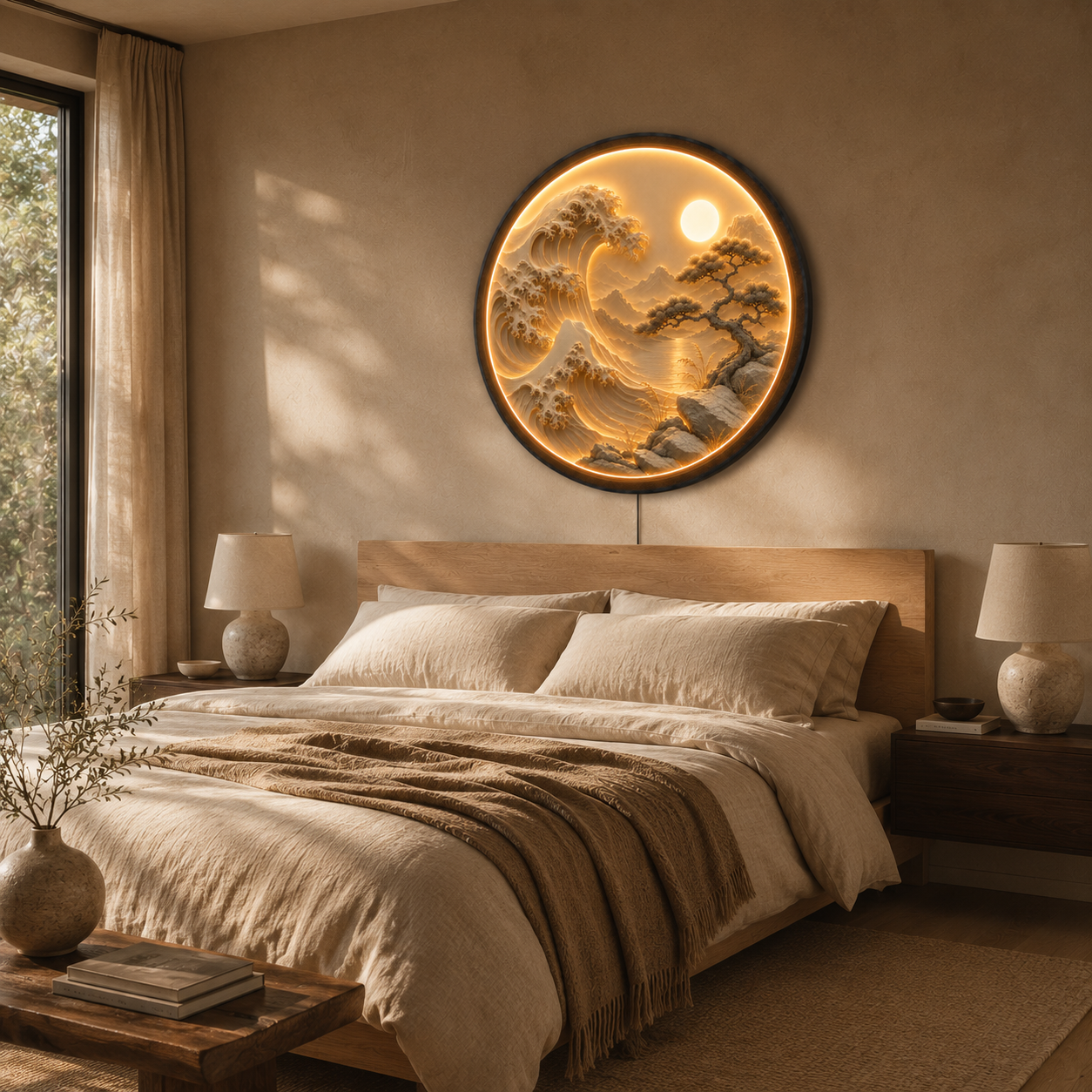 Japanese Wave & Bonsai LED Wall Art – Round Illuminated Acrylic Decor