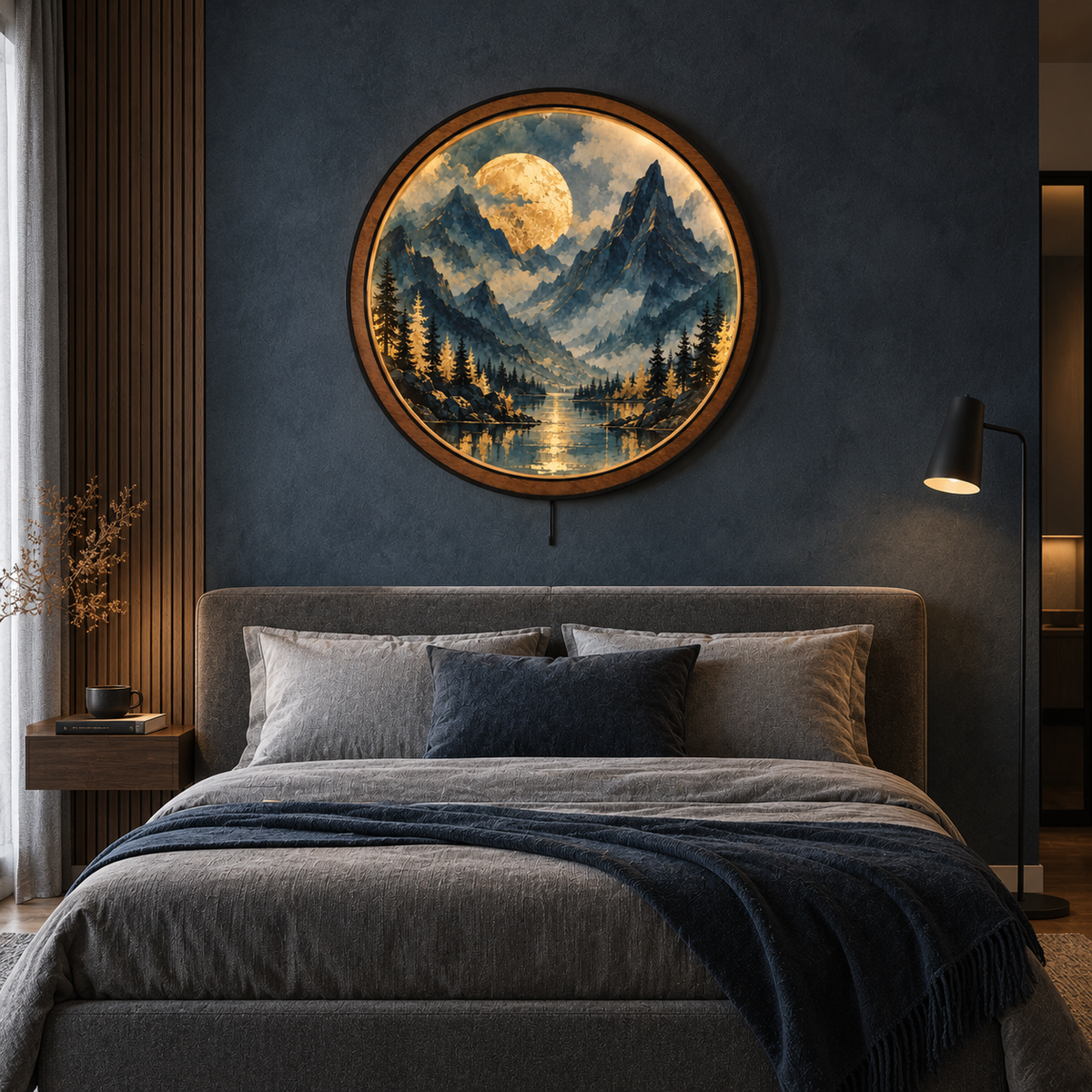 Golden Moon Peaks LED Wall Art – Blue Mountain Landscape Decor