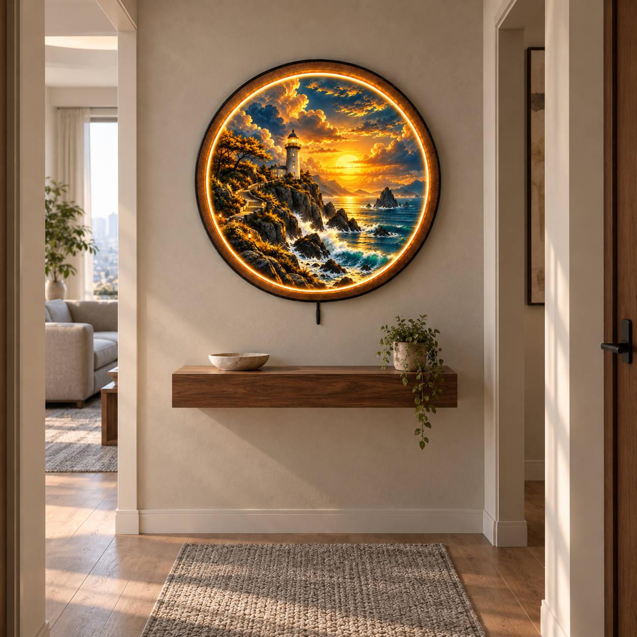 Sunset Lighthouse LED Wall Art – Coastal Ocean Lighted Decor
