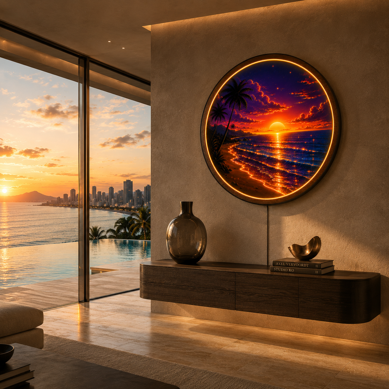 Golden Sunset Round LED Wall Art | Tropical Sunset Acrylic Wall Decor with Wooden Frame