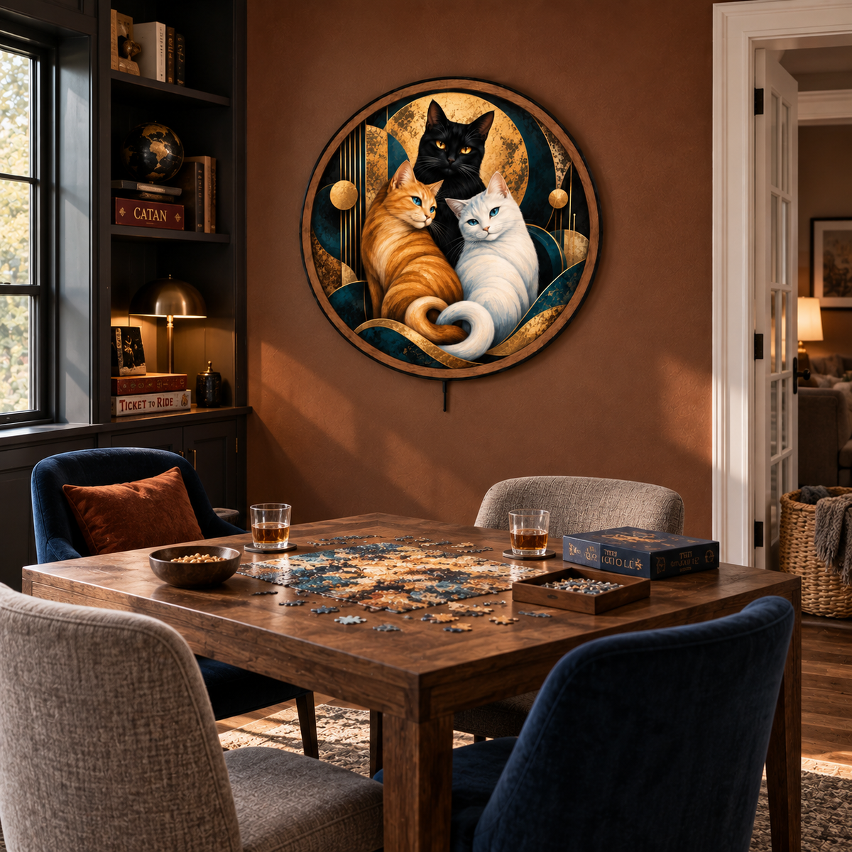 Celestial Cat Trio LED Wall Art – Black Orange & White Cat Decor