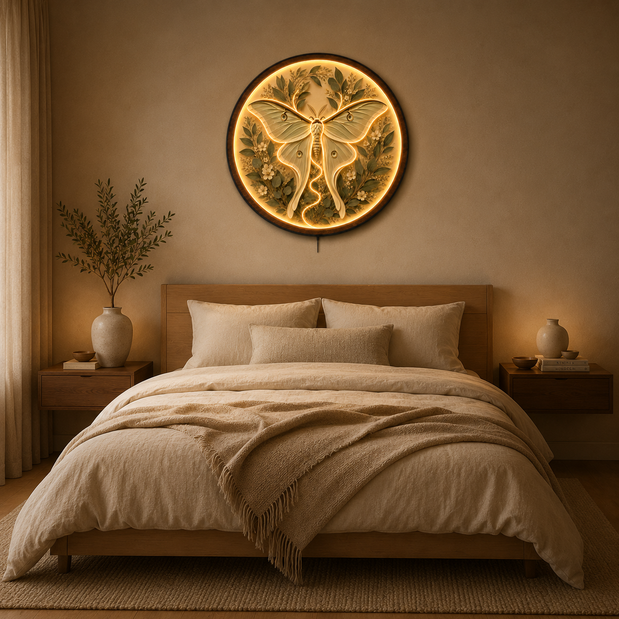 Moonlit Luna Moth LED Wall Art – Round Wooden Botanical Light Decor