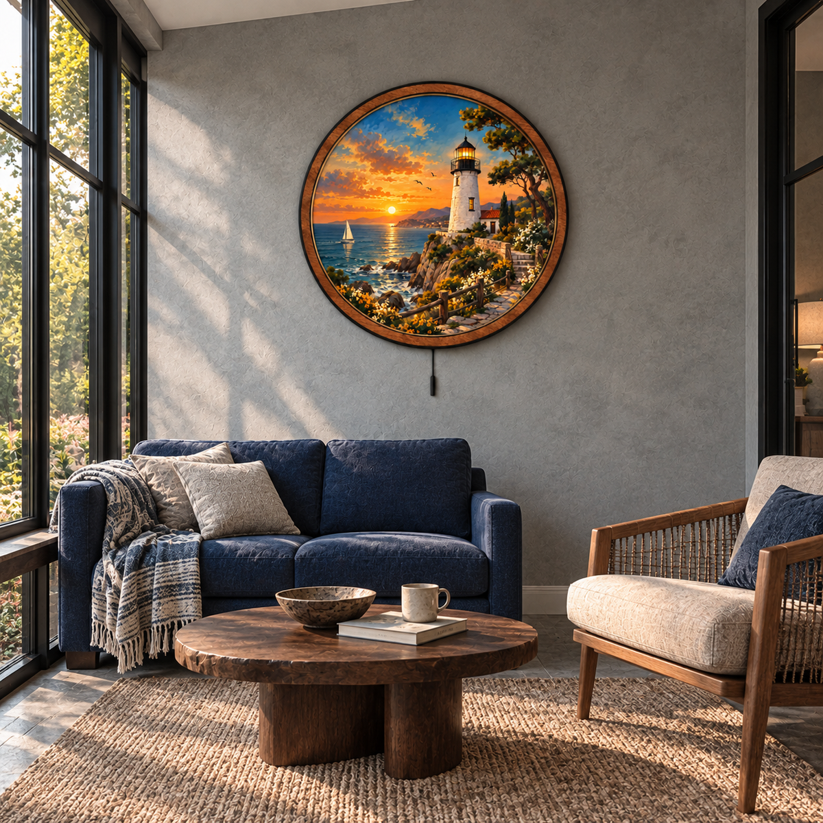 Coastal Beacon — Golden Sunset LED Wall Art | Lighthouse Ocean Wall Decor