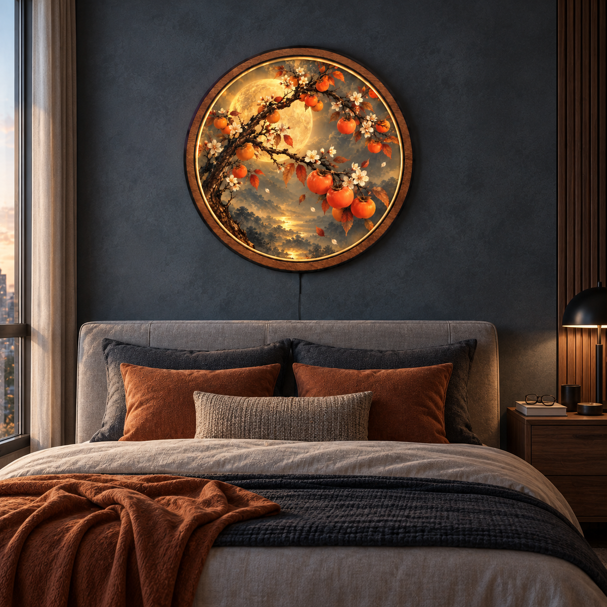 Golden Harvest Moon LED Wall Art – Autumn Persimmon Tree Decor
