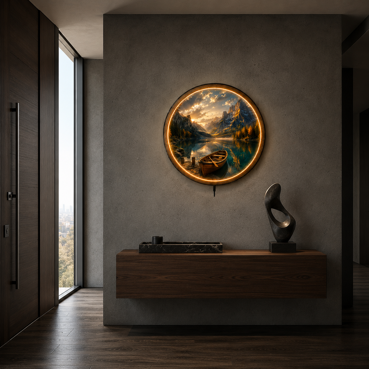 Alpine Serenity LED Wall Art – Illuminated Mountain Lake Boat Landscape Decor