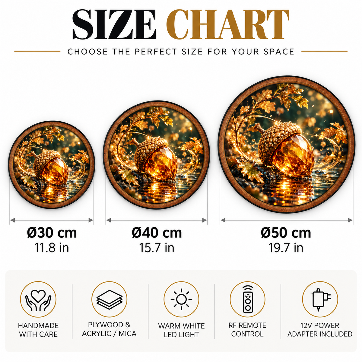 Golden Crystal Acorn LED Wall Art – Enchanted Autumn Decor