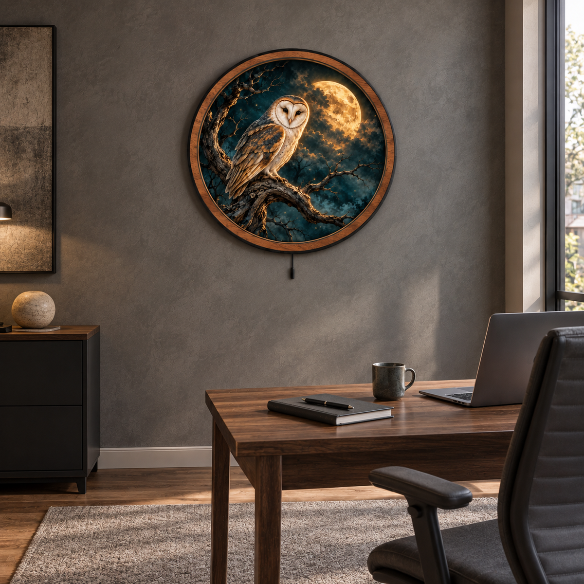 Moonlit Sentinel Owl – Golden Moon LED Wall Art