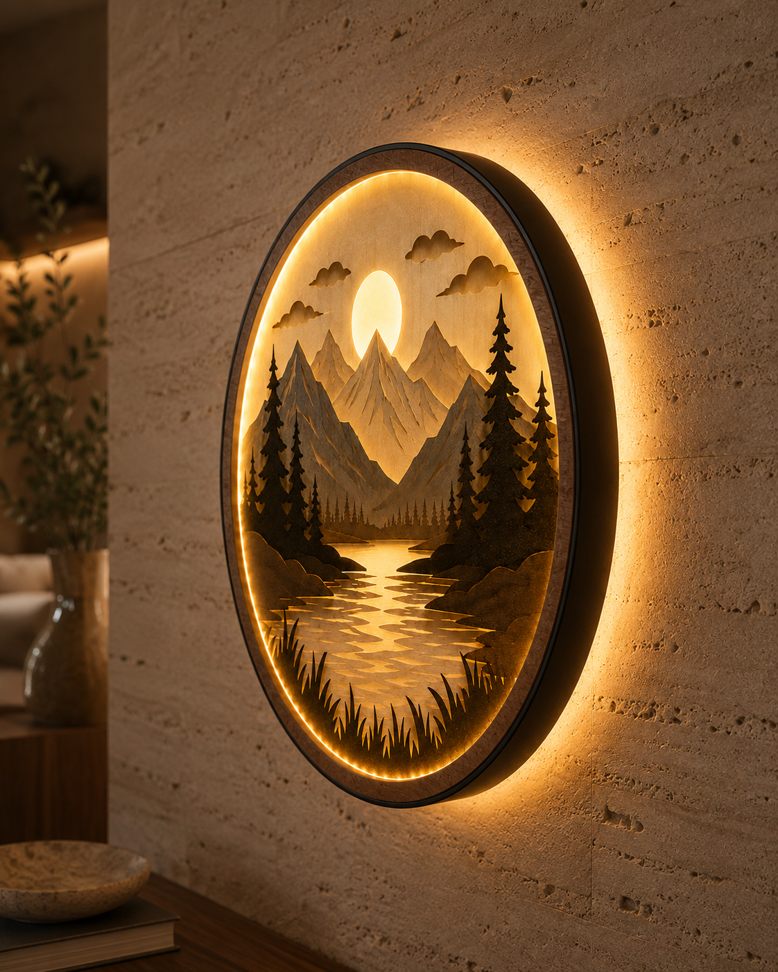 Handcrafted Wood Art Light - 3D Layered Mountain & Lake Design - Warm LED Backlight