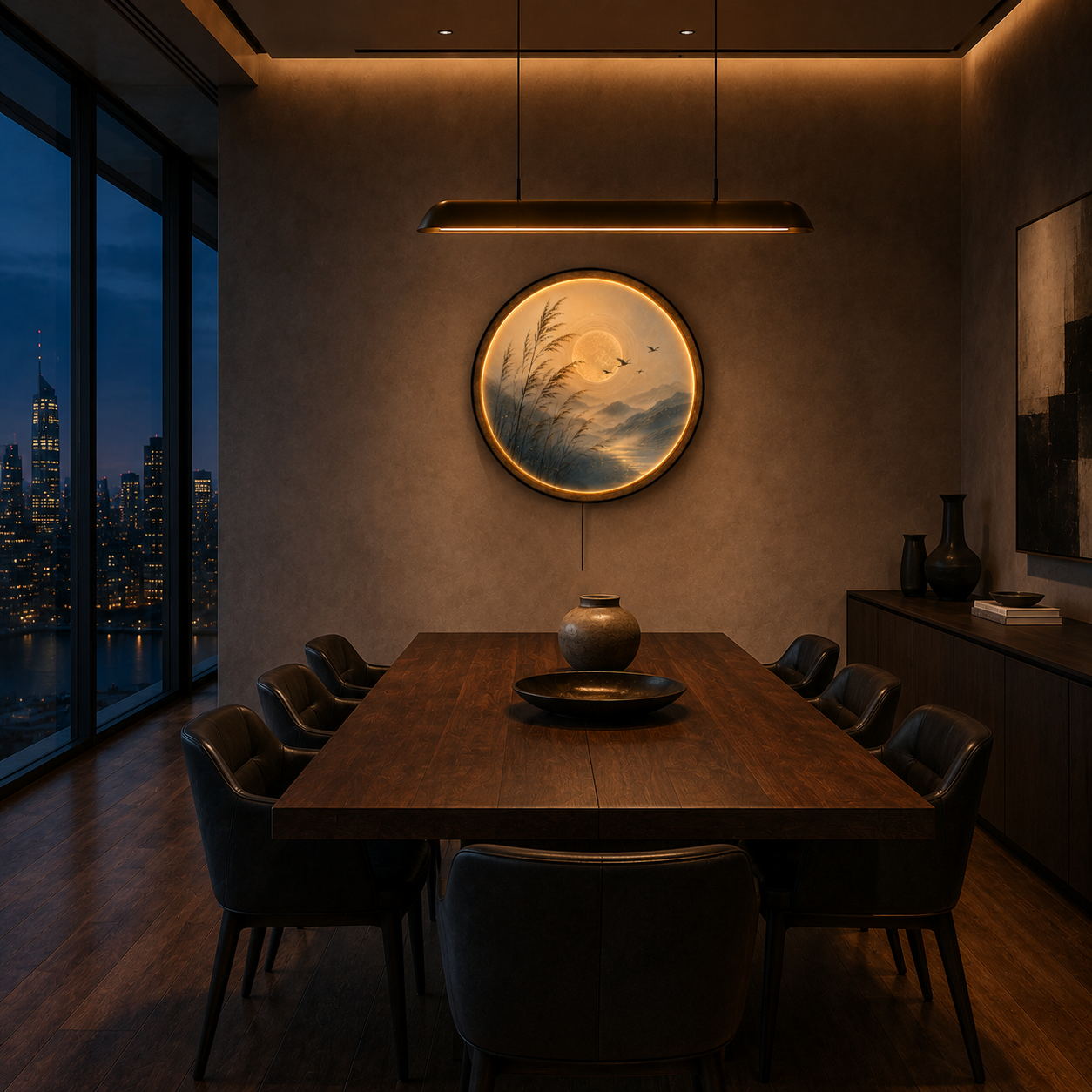 Golden Mist Serenity LED Wall Art – Japanese Zen Landscape Illuminated Round Wall Decor