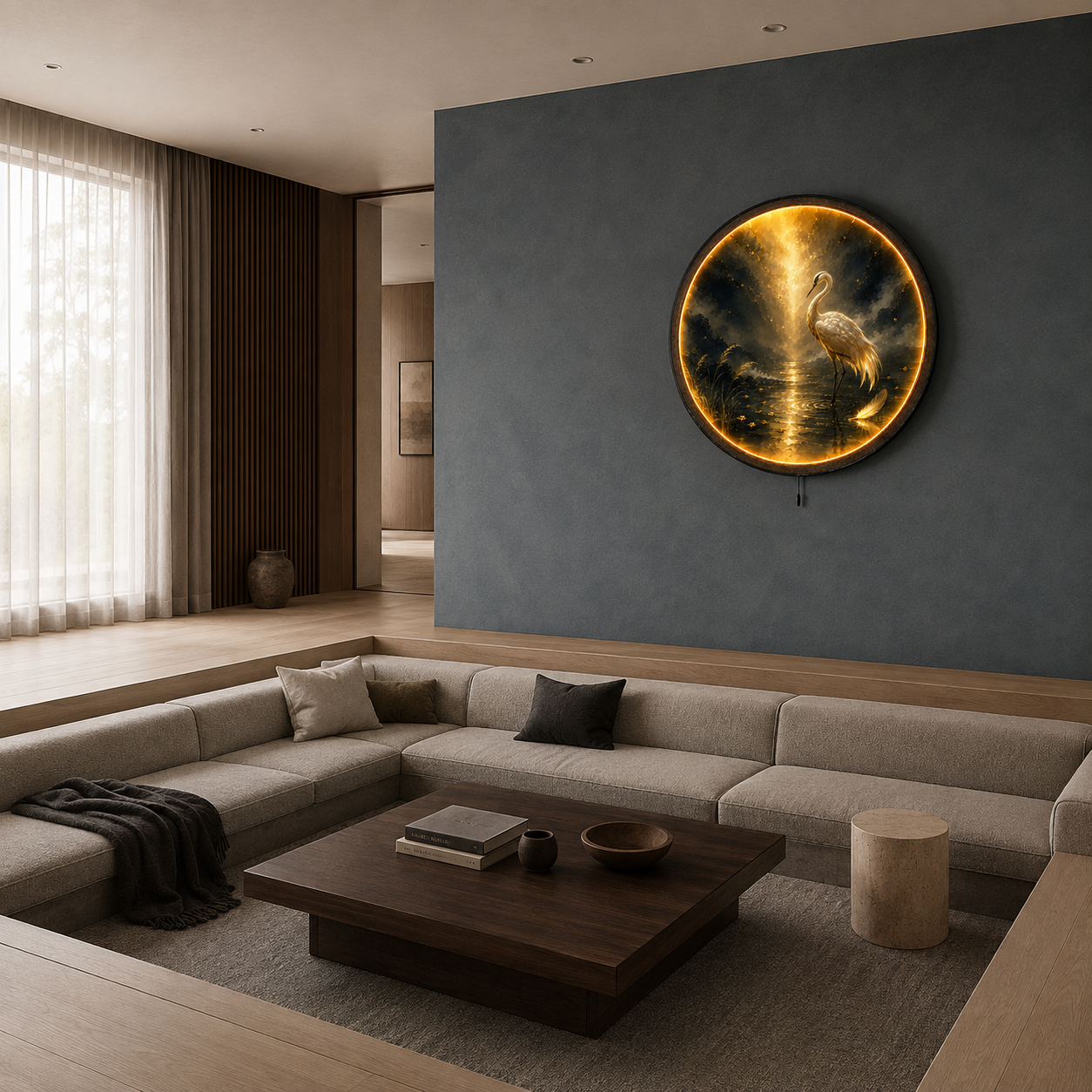 Golden Stillness Pearl Crane LED Wall Art – Luxury Round Decor