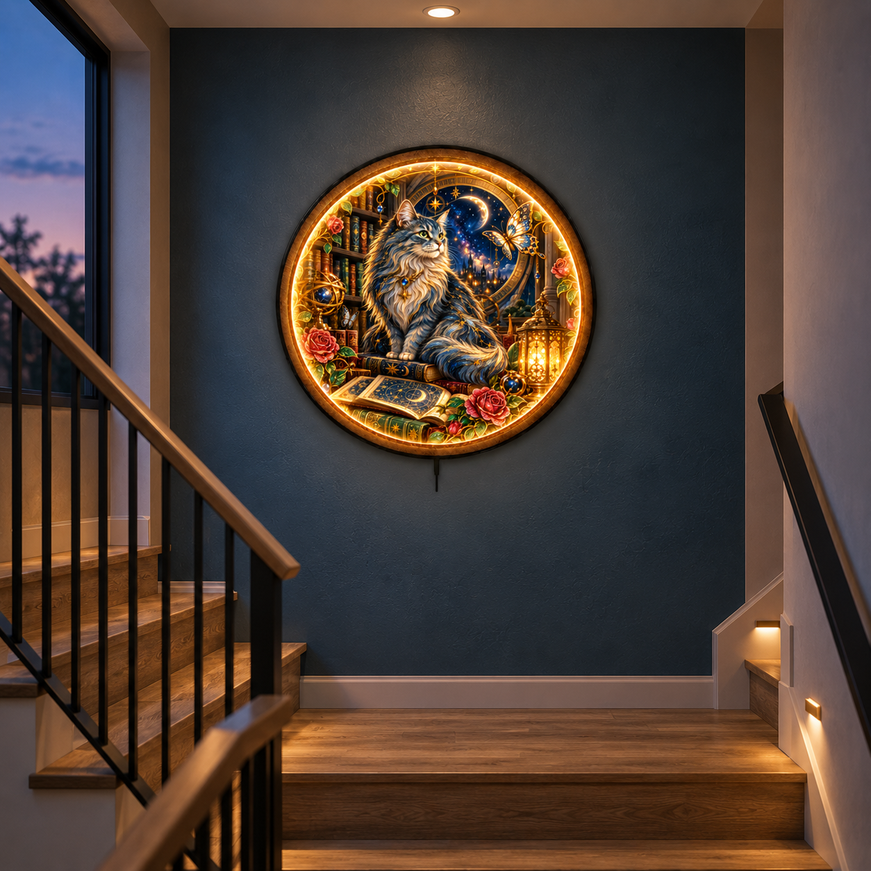 Celestial Cat LED Wall Art – Moonlit Library Fantasy Decor