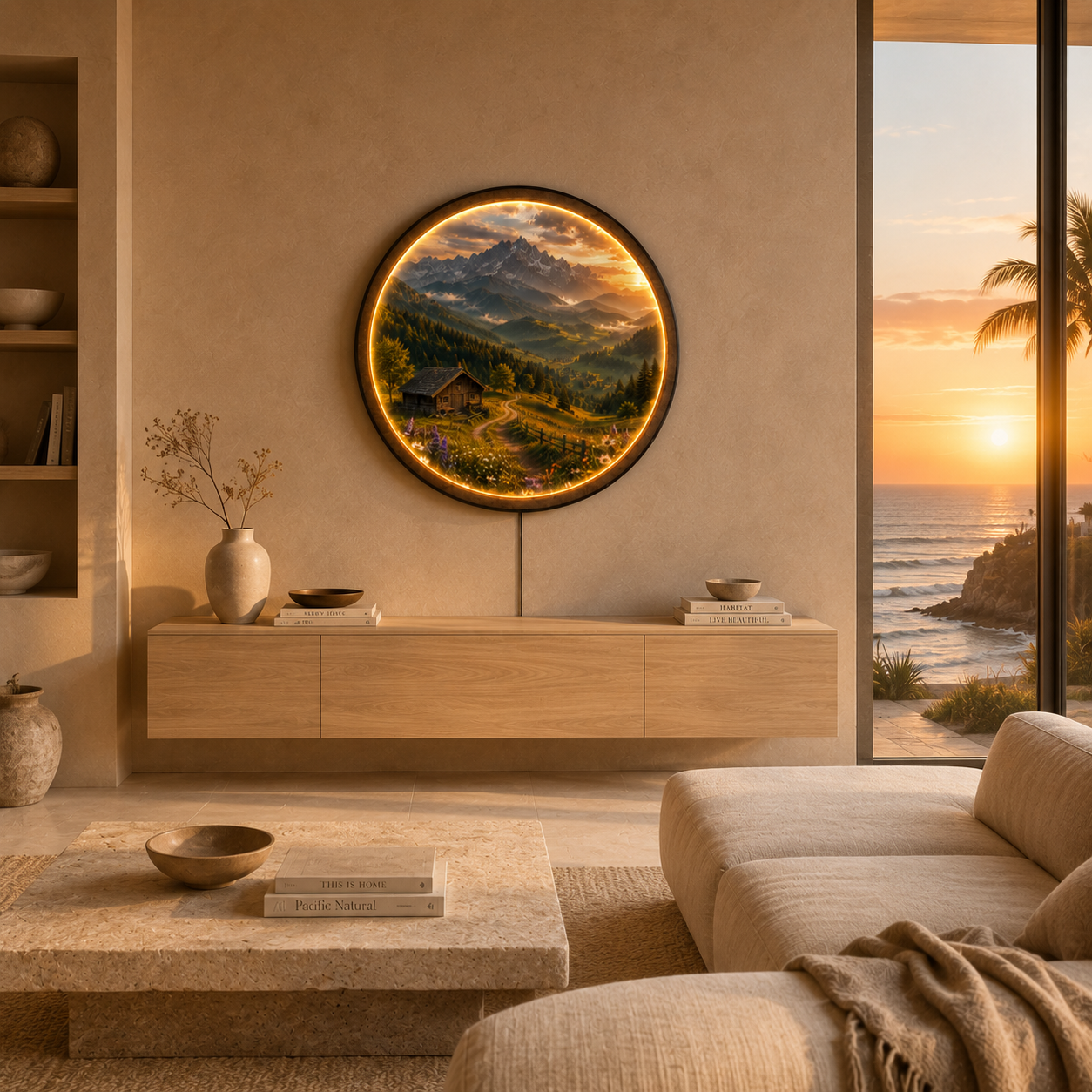 Mountain Cabin Landscape with Warm LED Light