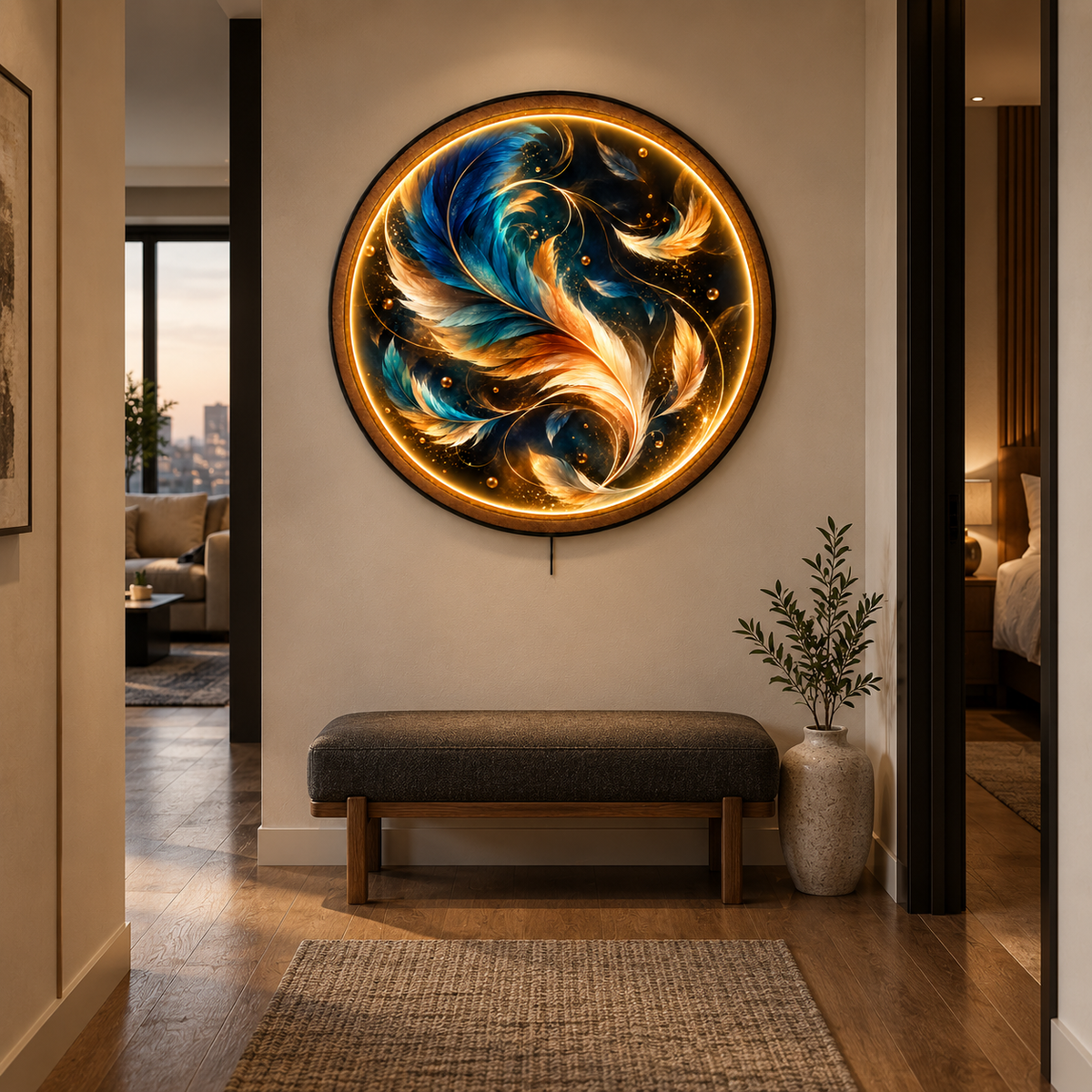 Ethereal Feathers LED Wall Art – Blue & Gold Luxury Decor