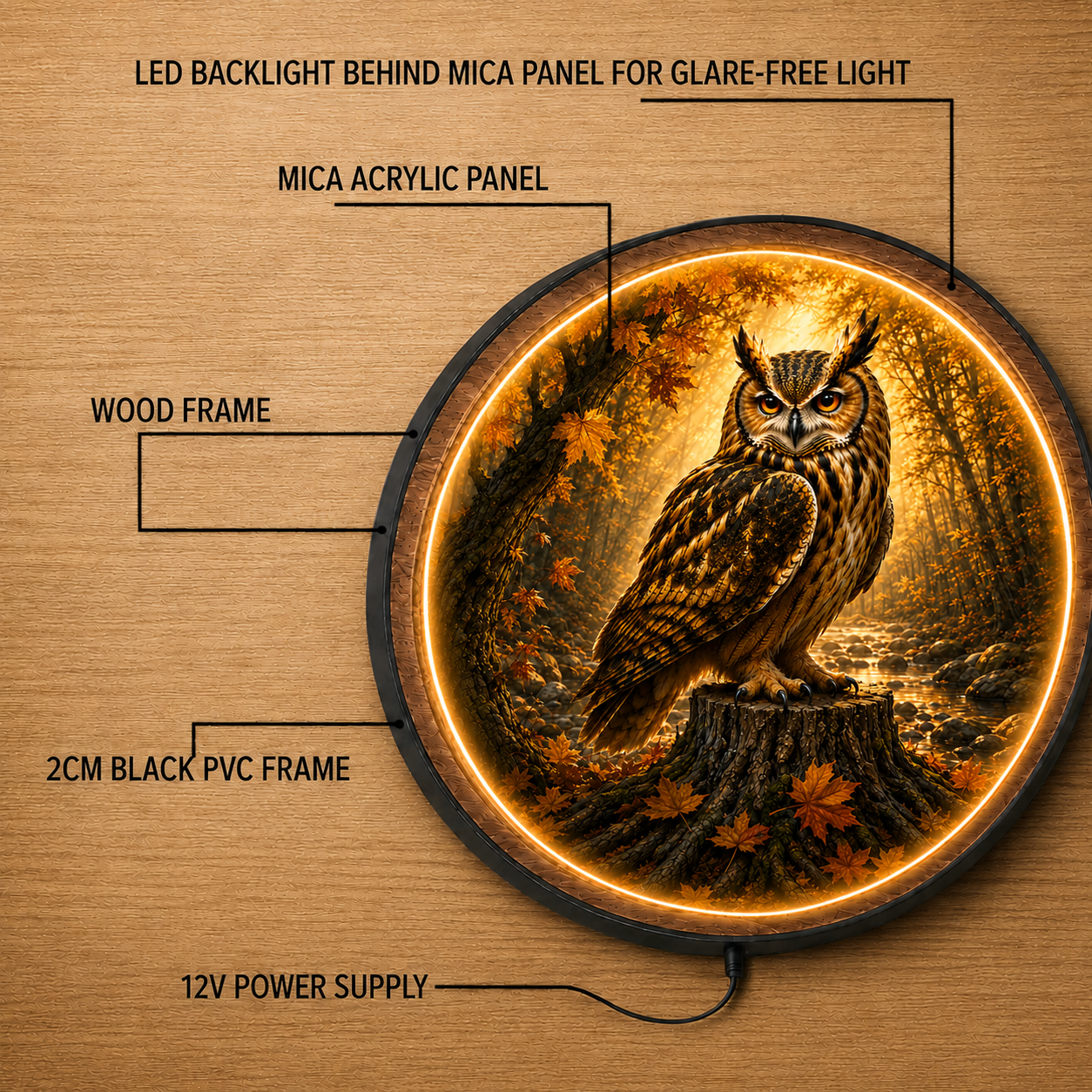 Owl LED Wall Art – Round Illuminated Acrylic Forest Wildlife Decor