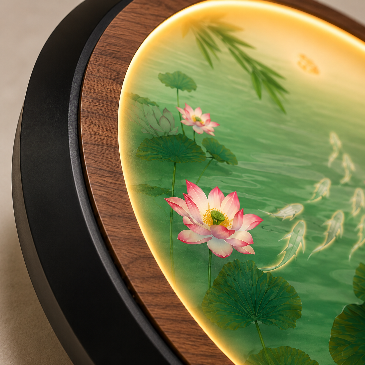 Pink Lotus Pond LED Wall Art - Koi Fish & Moon Round Wall Decor with Backlight
