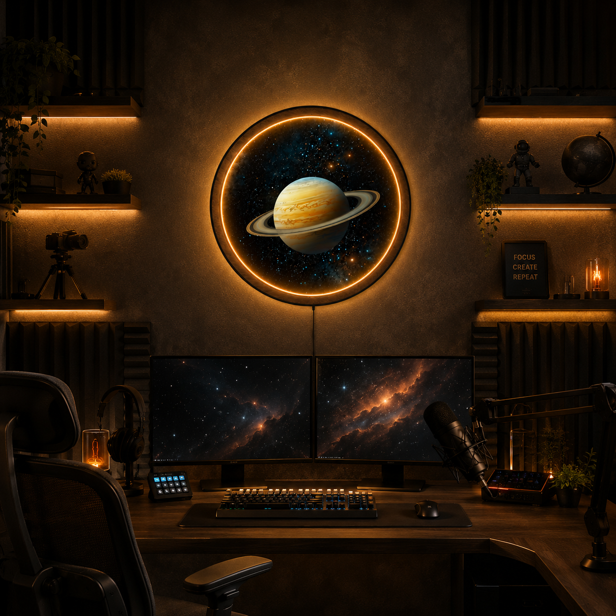Saturn LED Wall Art Light – Circular Wooden Frame Space Decor Lamp