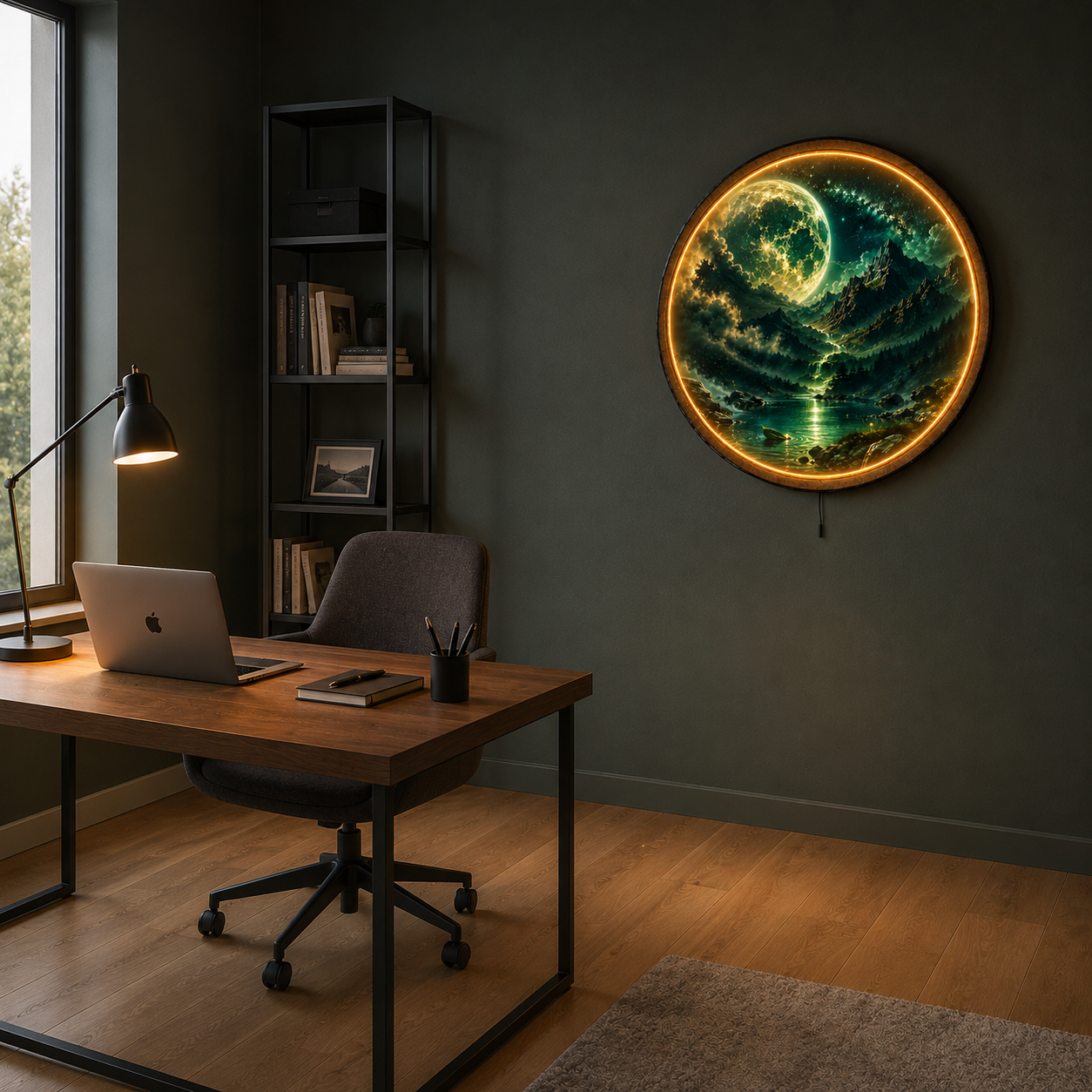 Emerald Moonfall LED Wall Art – Celestial Mountain & Moon Decor